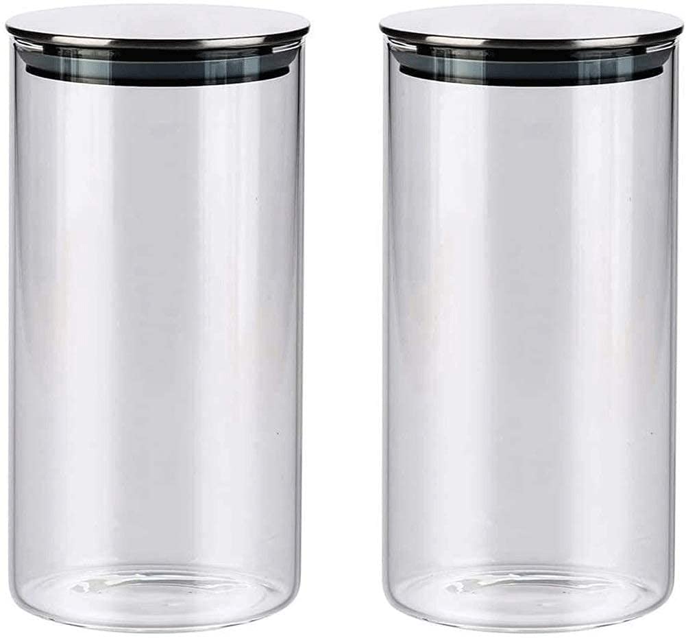 Airtight Glass Storage Jars with Stainless Steel Lids - Set of 2 Kitchen Food Containers for Tea, Coffee, Candy, Cookies, Rice & Sugar - Perfect for Pantry Organization & Bulk Food Storage