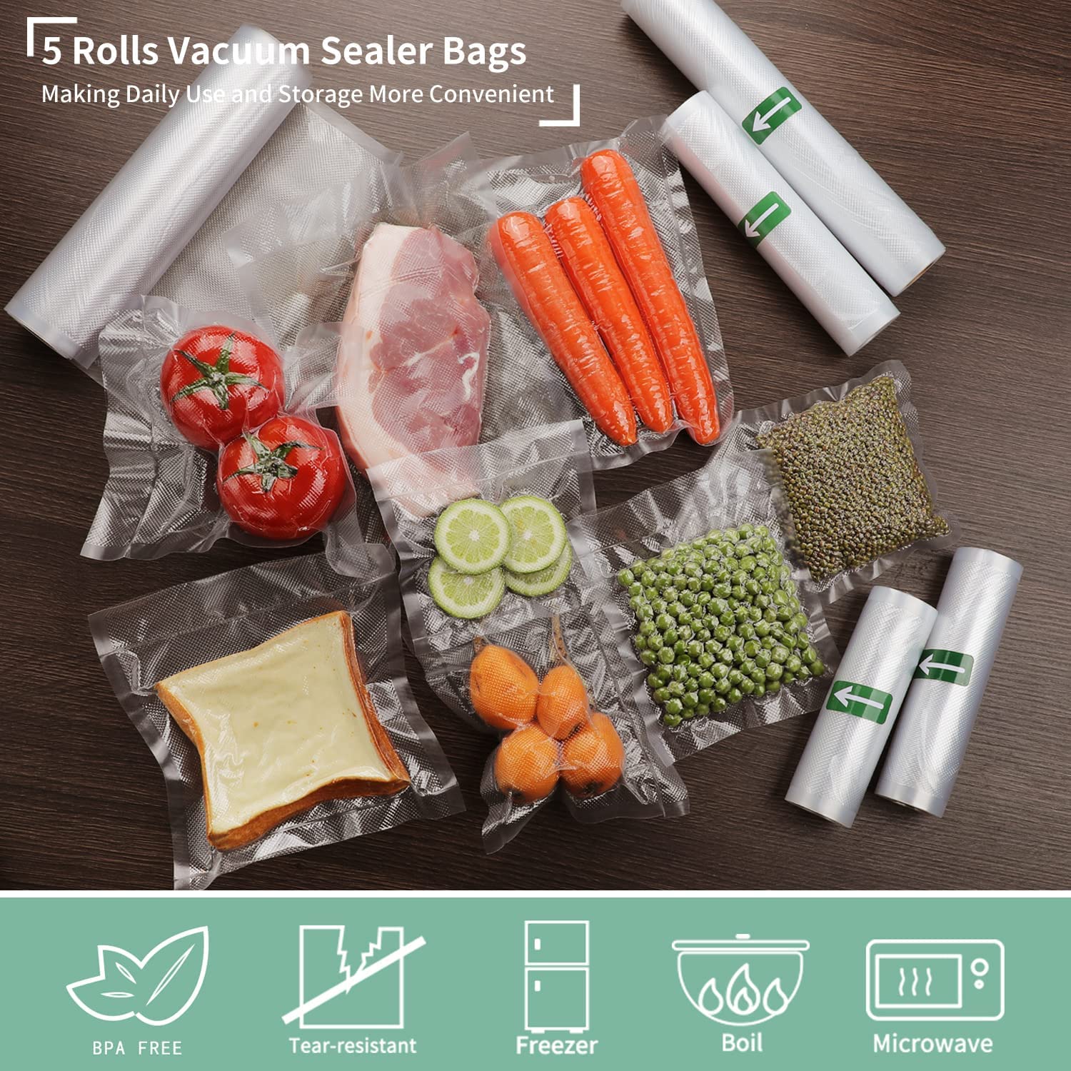 Commercial Grade Vacuum Sealer Bags - 5 Pack Food Storage Rolls (5.9