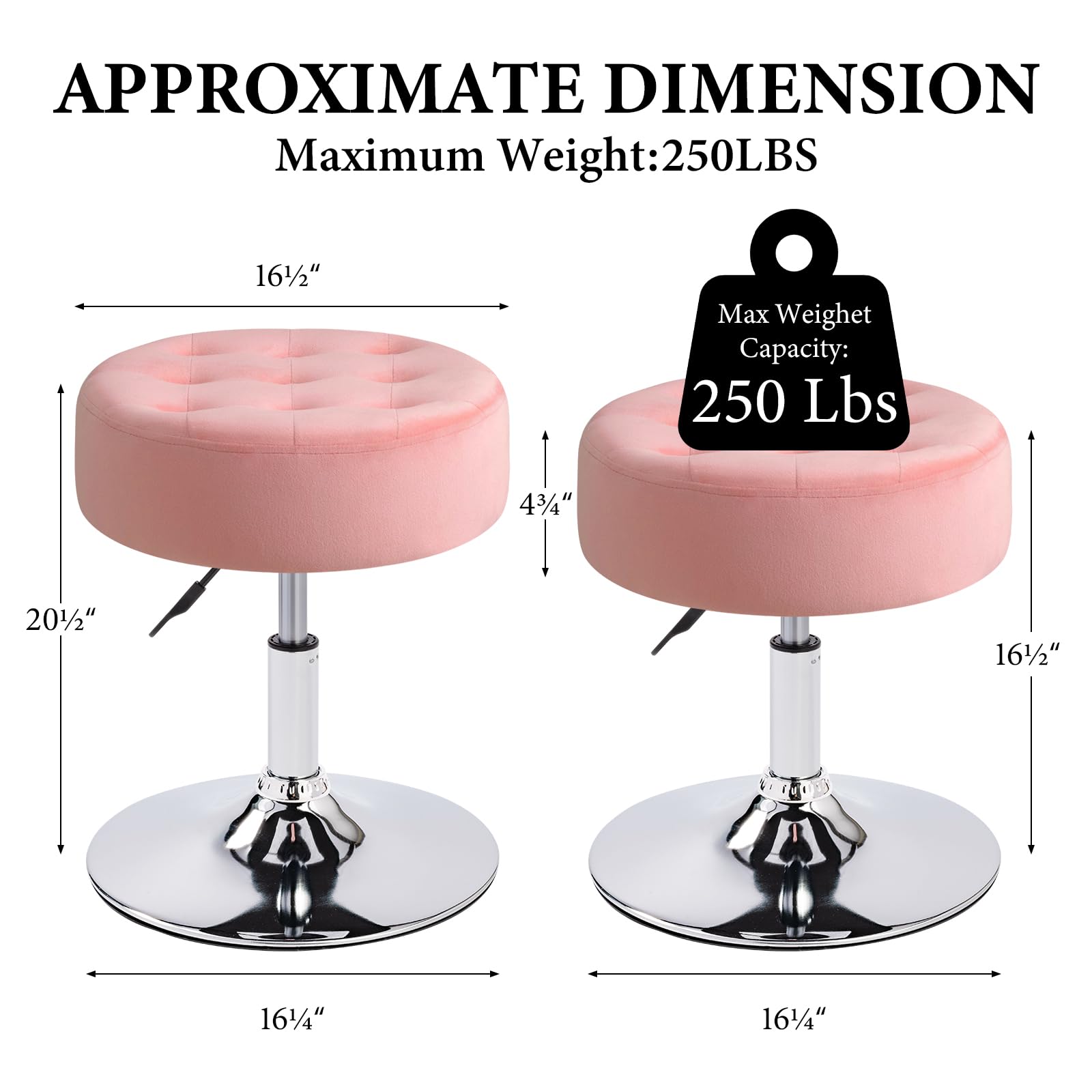 Furniliving Mid-Century Velvet Tufted Makeup Vanity Stool with 360° Swivel - Adjustable Modern Large Vanity Chair for Bedroom, Living Room & Bathroom - Soft Pink Velvet Upholstery | Perfect for Dressing Tables, Makeup Stations & Home Decor