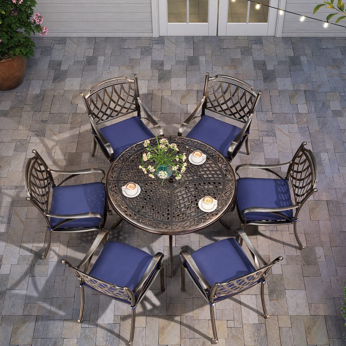 PURPLE LEAF 7-Piece Outdoor Dining Set - Cast Aluminum Patio Furniture with 6 Armchairs & 47