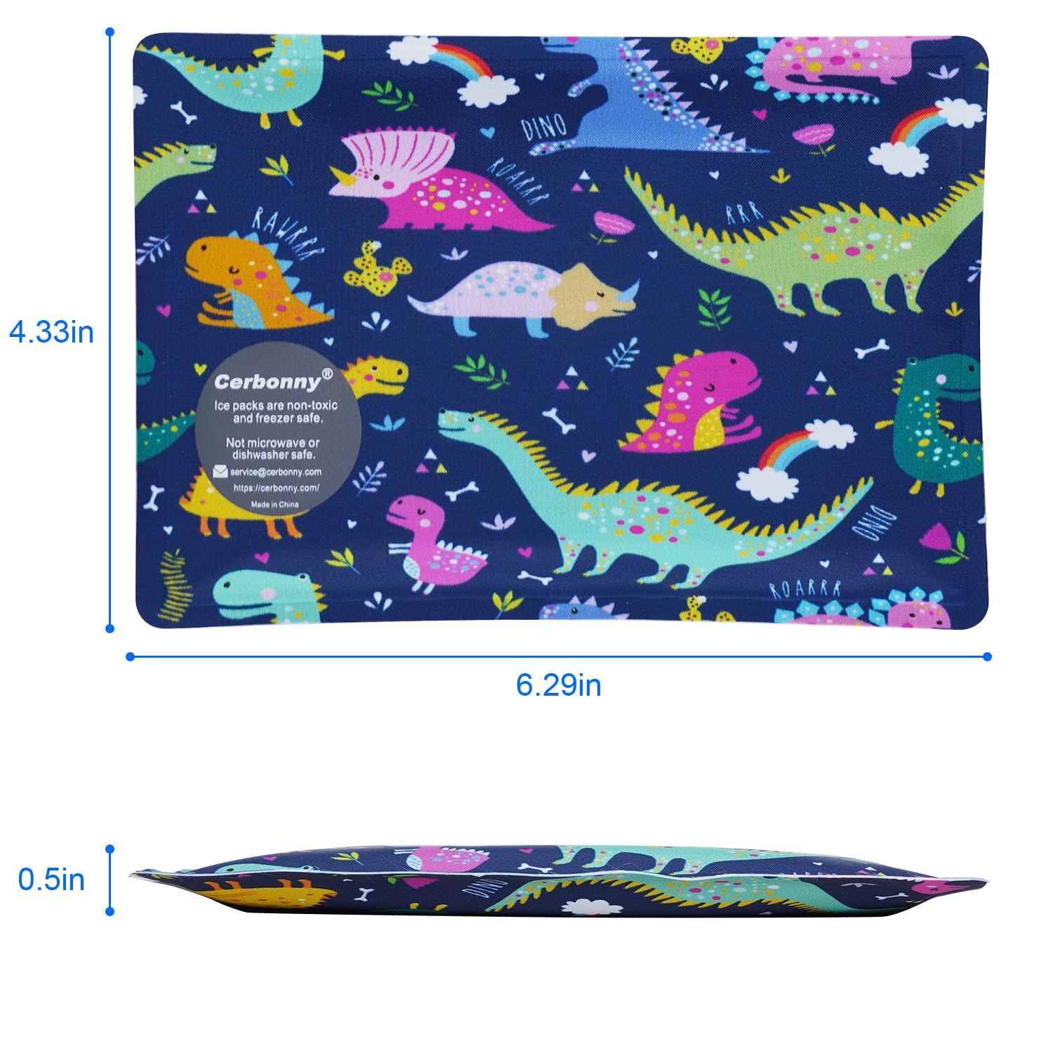 Cerbonny Reusable Ice Packs for Lunch Boxes - 4 Pack Dinosaur Design, BPA Free & Leak Proof Cooling Gel Packs - Perfect for Kids Lunch Bags, Picnics, Camping & Keeping Food Fresh All Day