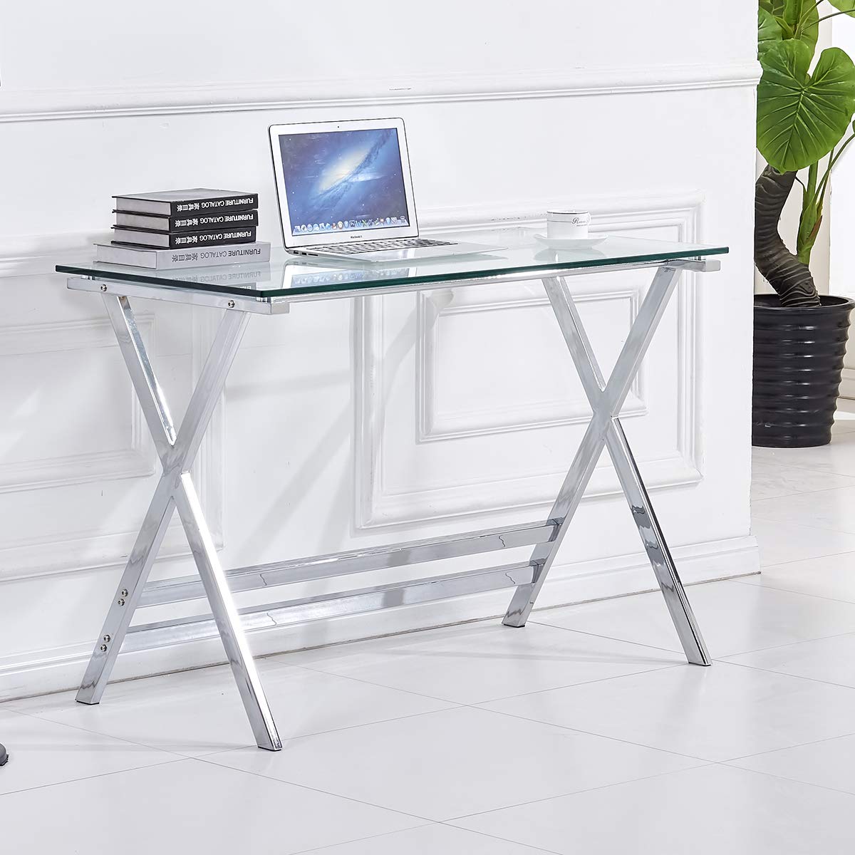 Modern Tempered Glass Computer Desk - Small Writing Study Desk for Students & Home Office, Perfect for Dorm Rooms, Small Spaces & Remote Work