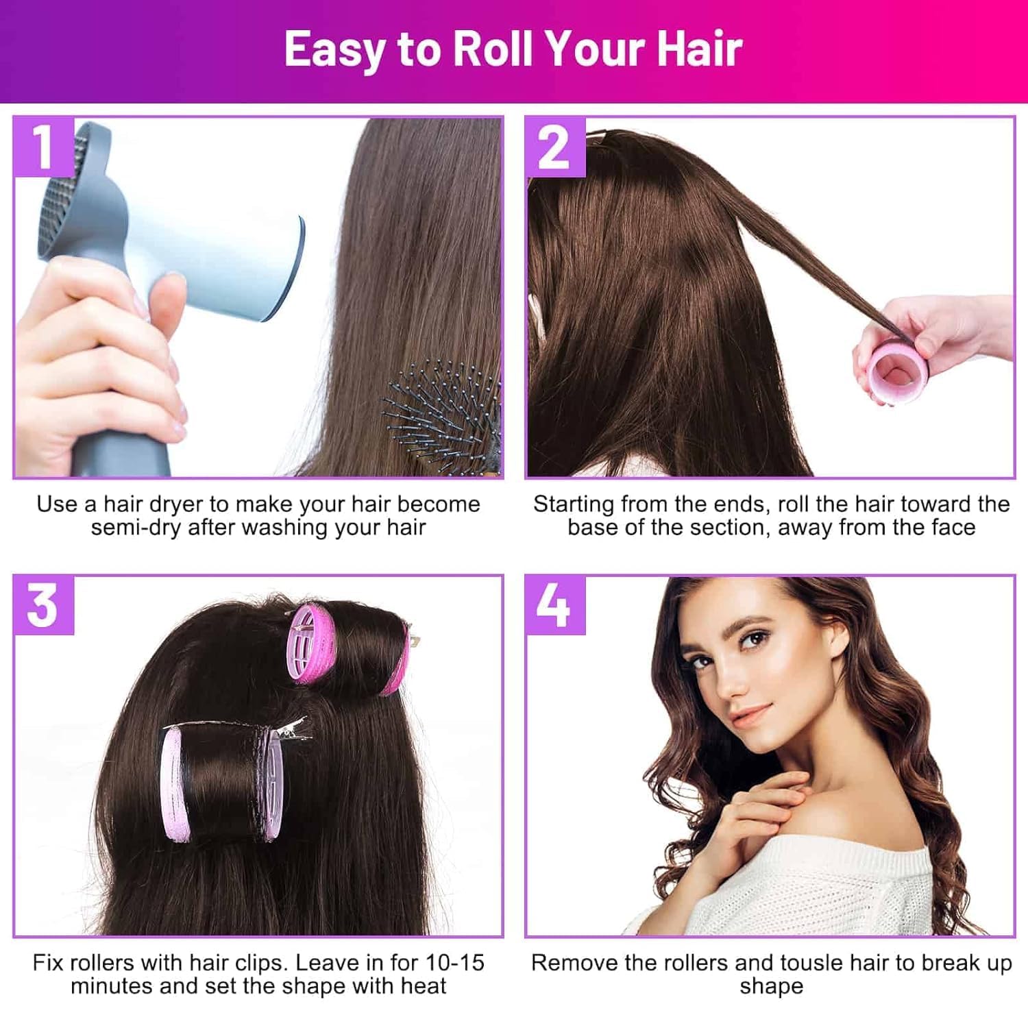 FITVERT 8-Piece Self-Grip Hair Rollers Set (4 Jumbo + 4 Large) with 8 Hair Clips - Heatless Curlers for Long, Medium & Short Hair - Adds Volume to Thick or Fine Hair - Perfect for Women's Styling at Home, Salon or Special Occasions