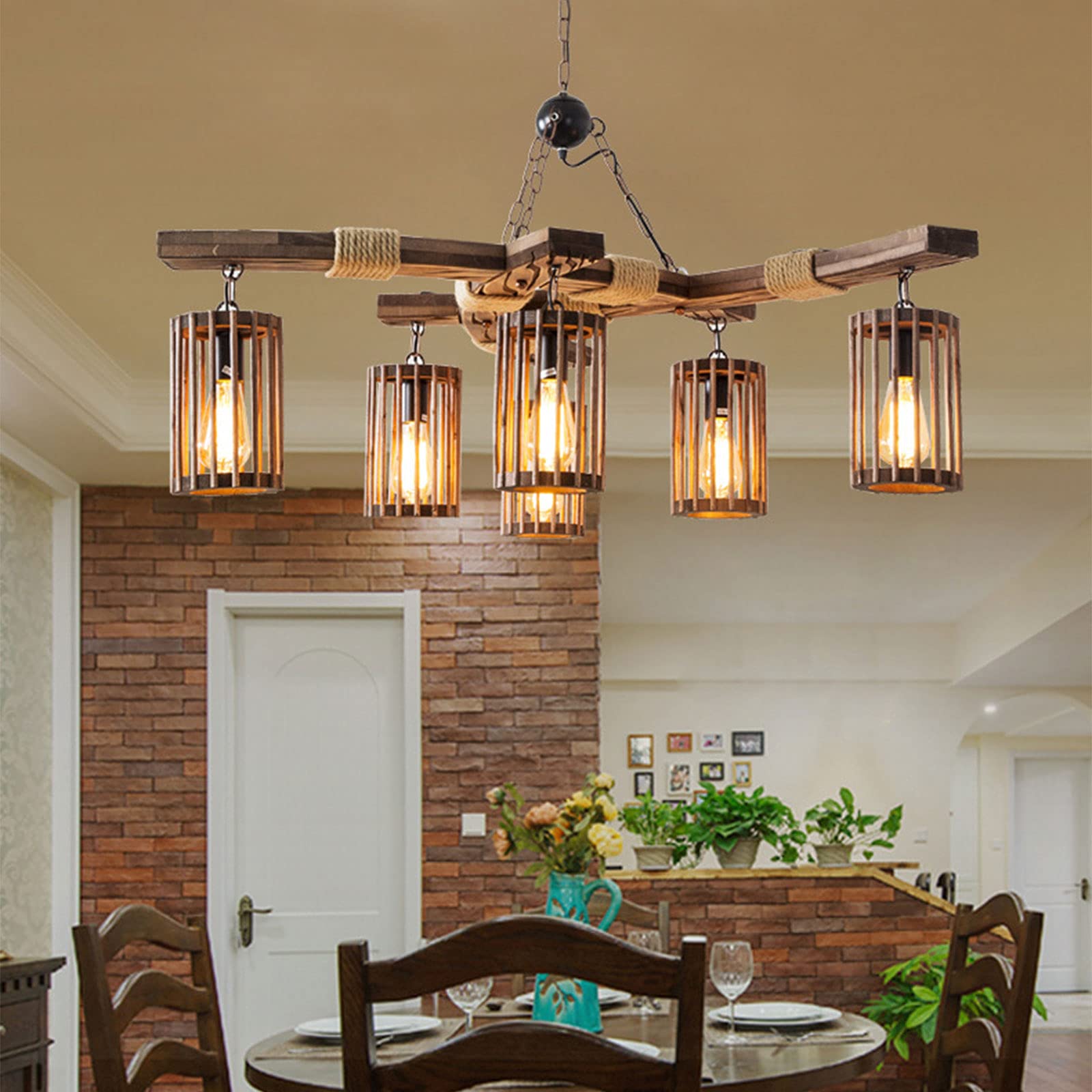 YIYIBYUS 6-Light Farmhouse Wooden Pendant Light - Rustic Industrial Chandelier with Retro Lantern Design for Kitchen Island, Dining Room, or Living Room Lighting