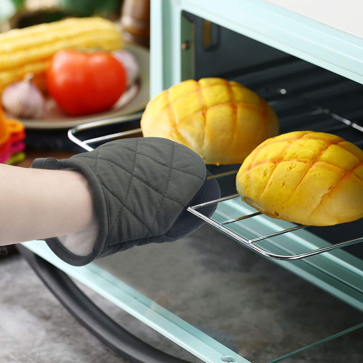 Heat Resistant Neoprene Mini Oven Mitts (2-Pack) - 500°F Protection with Non-Slip Grip & Hanging Loop - Perfect for Baking, Cooking, Grilling & Handling Hot Pots/Pans (Greyish-Green)