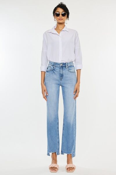 Kancan Women's High Waist Raw Hem Straight Leg Jeans - Trendy Denim Pants for Casual Outfits & Everyday Wear