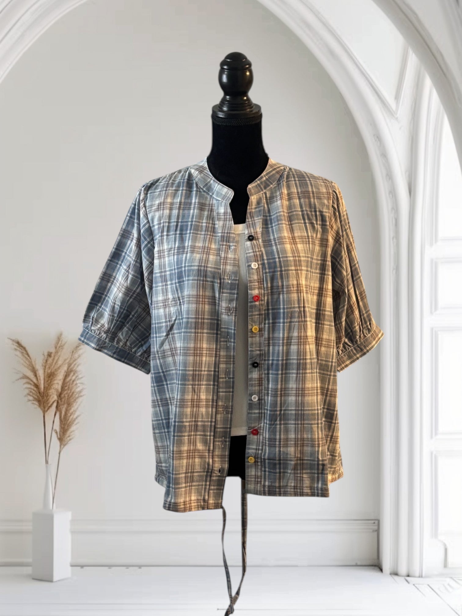 Women's Plaid Short Sleeve Cotton Shirt - Summer Casual Half Sleeve Drawstring Top for Outdoor Activities, Beach Wear & Everyday Fashion
