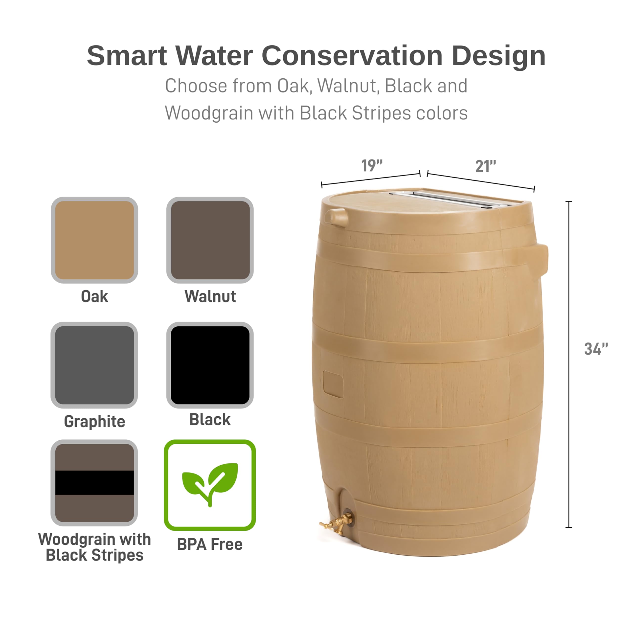 50-Gallon Flat Back Rain Barrel with Link Kit - Oak Color (2 Pack) - Eco-Friendly Water Collection for Garden, Lawn & Outdoor Use