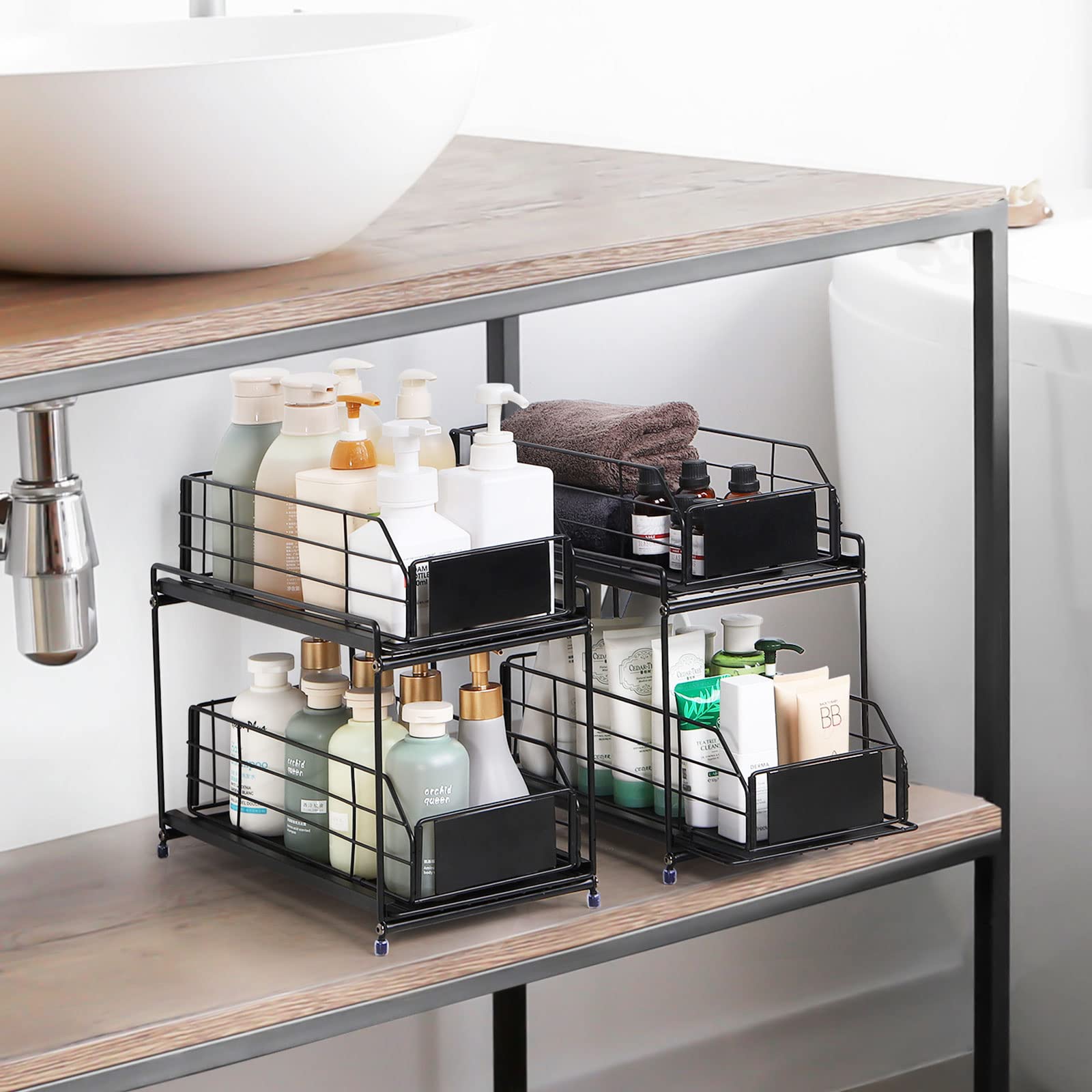 CADUKE 2-Tier Under Sink Organizer with Sliding Metal Drawers - Bathroom & Kitchen Cabinet Storage Basket - Space Saving Pull-Out Shelf for Cleaning Supplies, Cosmetics & Toiletries (2-Pack, Black)