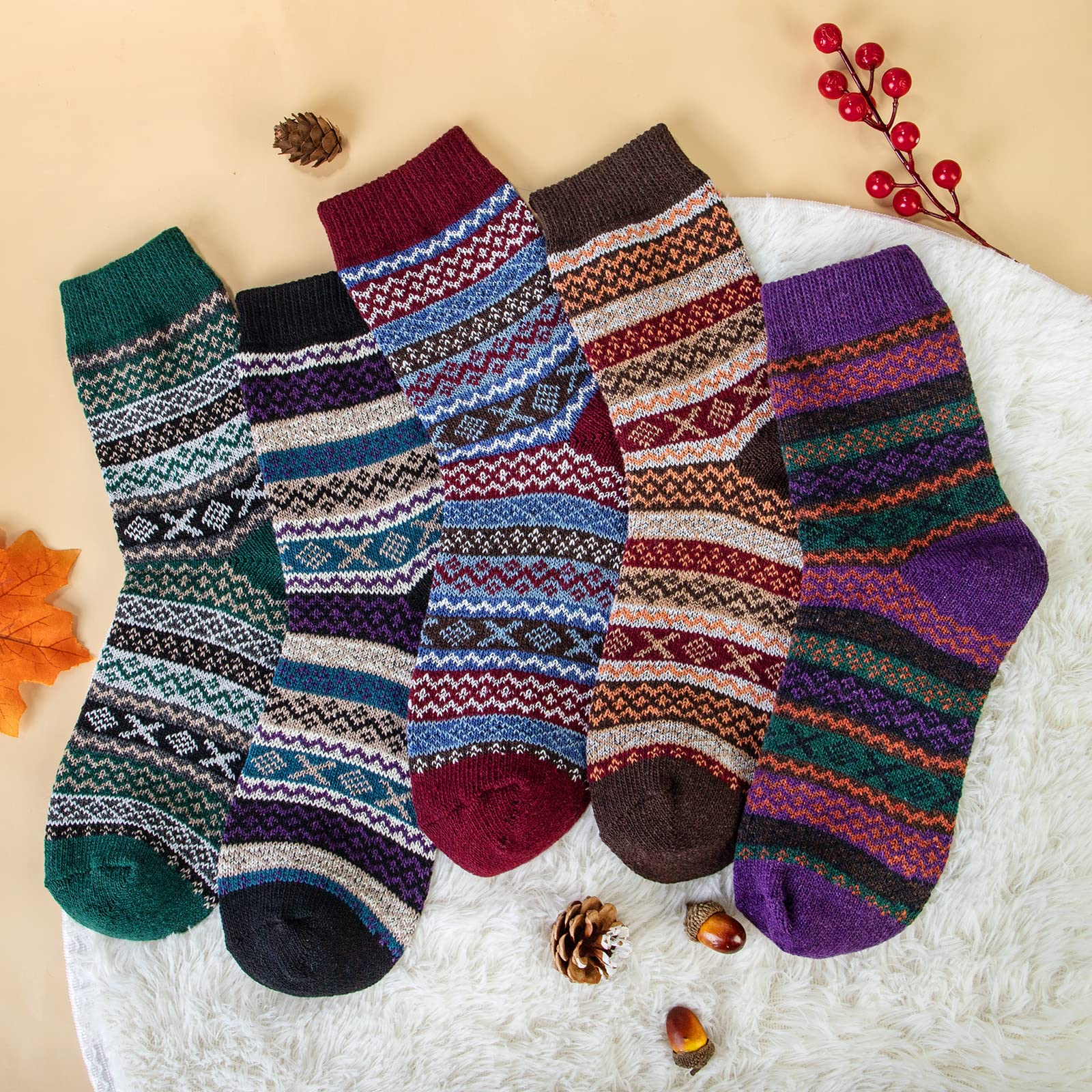 5 Pack Women's Wool Winter Socks - Warm Thick Knit Crew for Hiking & Gifts
