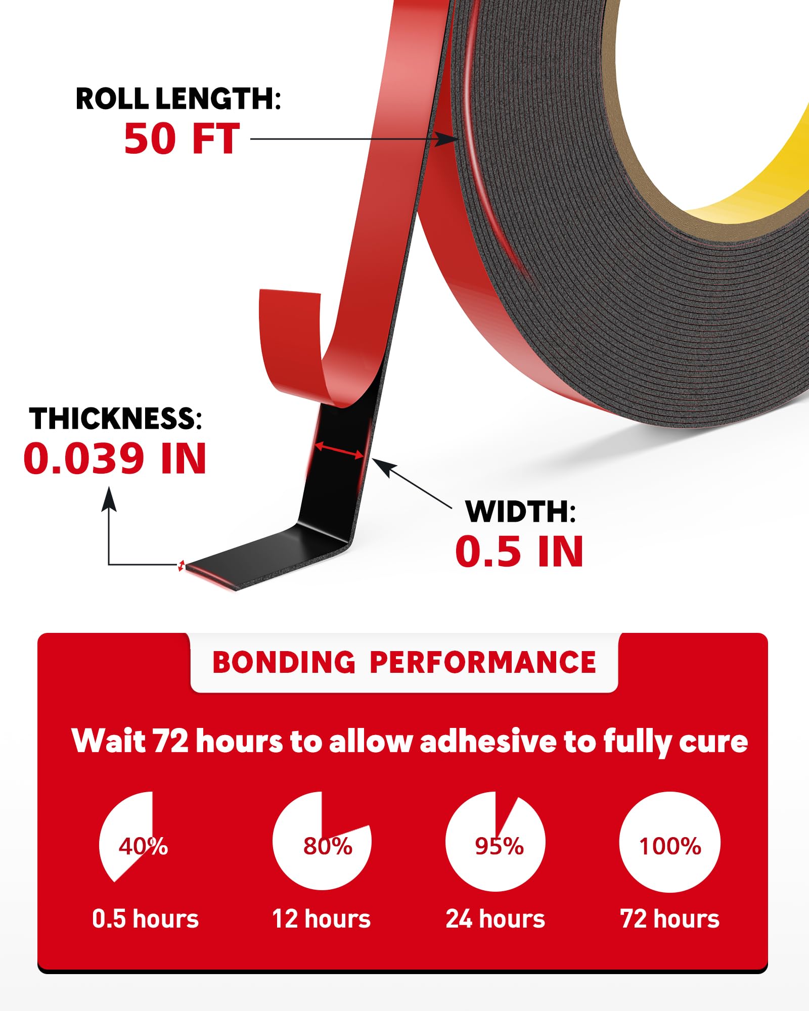 HitLights Heavy Duty Double Sided Tape - 1/2 Inch x 50 Feet Waterproof Mounting Tape, Strong Adhesive Foam Tape for Walls, Posters, Automotive & Outdoor Use - Perfect for Home, Office & DIY Projects (Pack of 1)