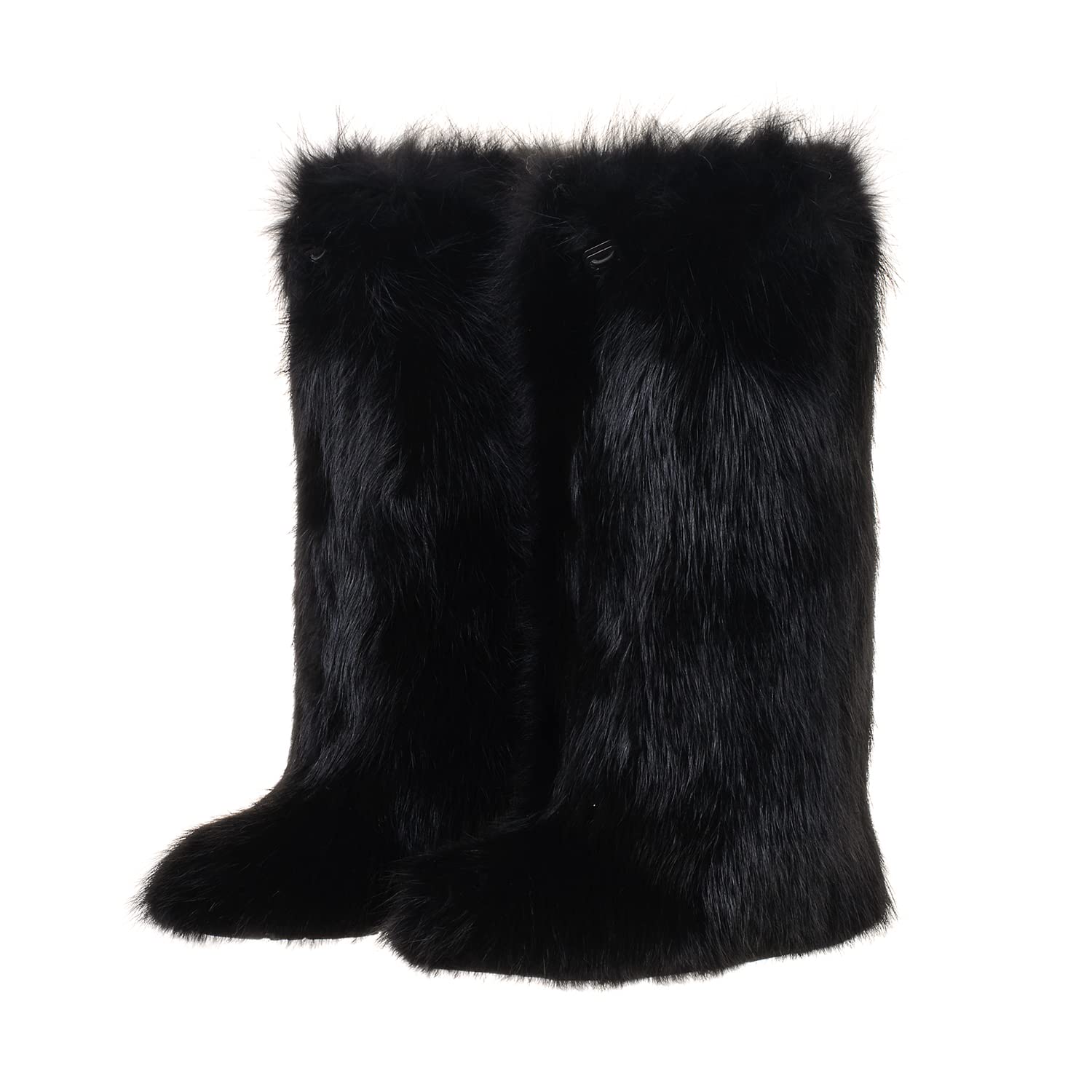 Women's Black High Fox Fur Boots - Warm Winter Mukluks, Yeti Snow Boots & Viking Style Eskimo Long Boots for Arctic Adventures, Outdoor Hiking & Cold Weather Fashion | LITVIN