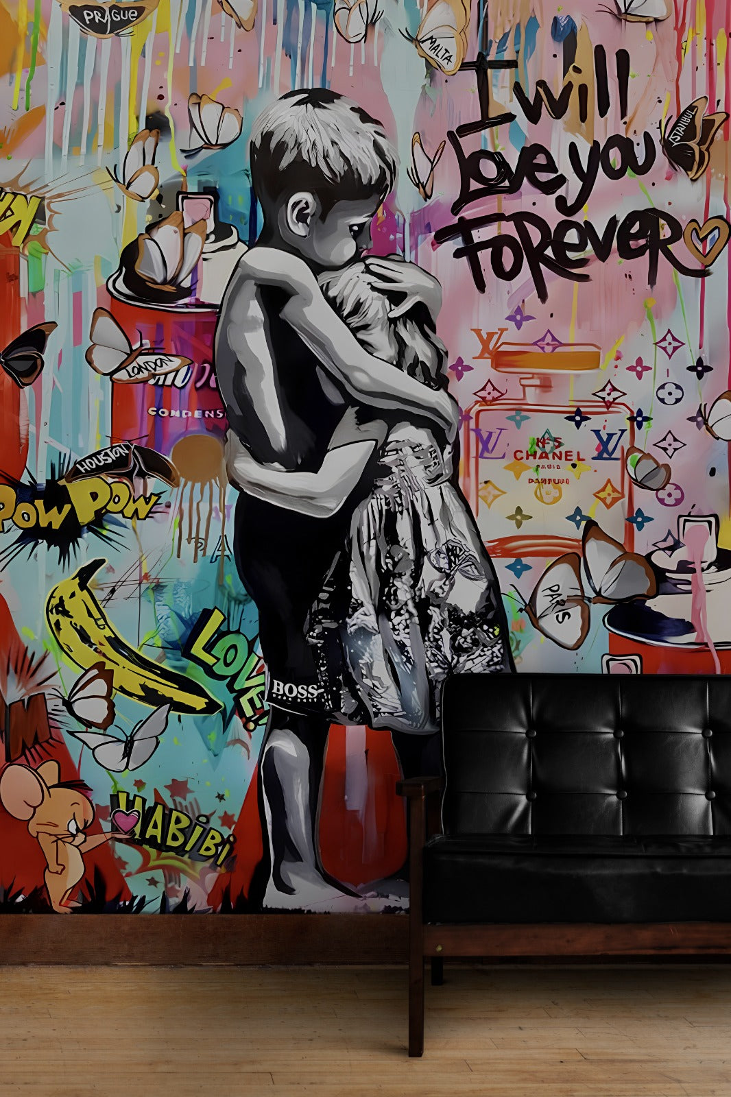 Banksy 'I Will Love You Forever' Wallpaper Mural - Peel & Stick Wall Art Decor for Living Room, Bedroom, Office (3D Removable)