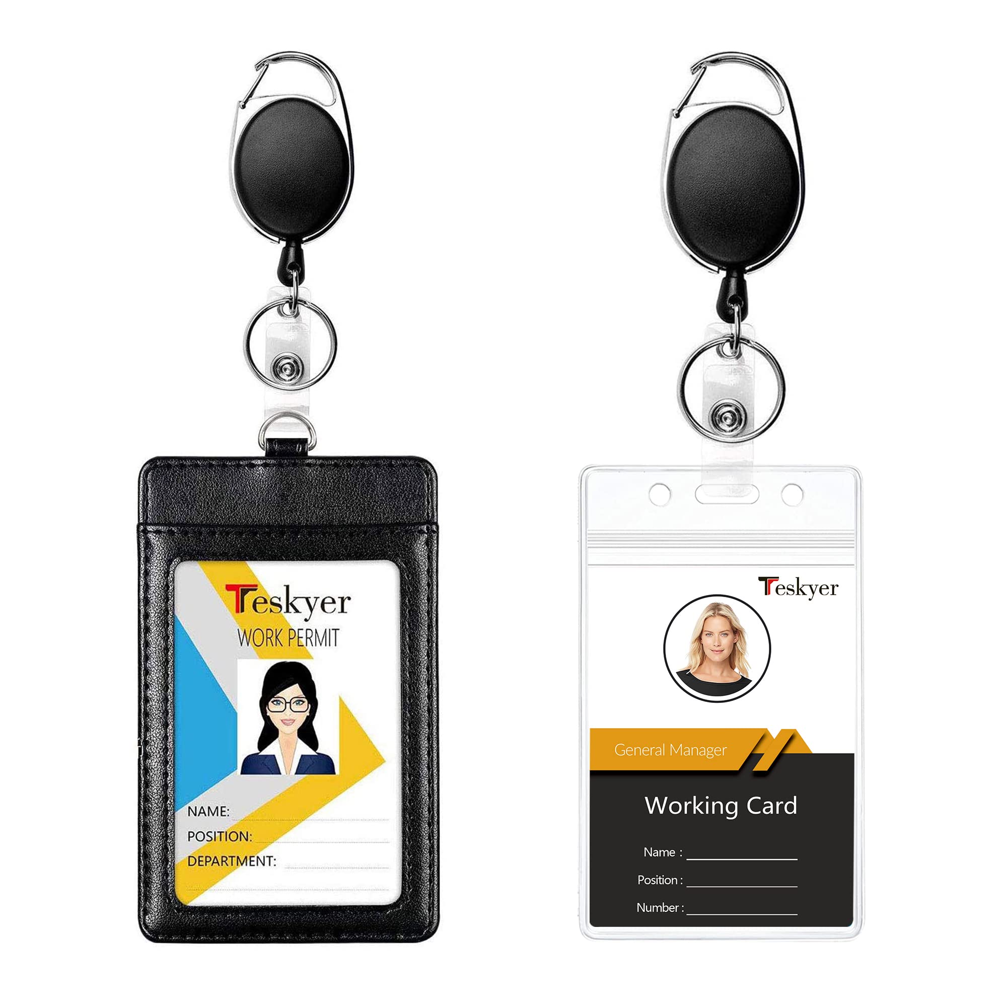 Teskyer 2 Pack Heavy Duty Metal Retractable Badge Reel with Belt Clip & Key Ring - Includes Vertical Leather ID Holder & Plastic Card Holder - Perfect for Office, Security, Events & Conventions