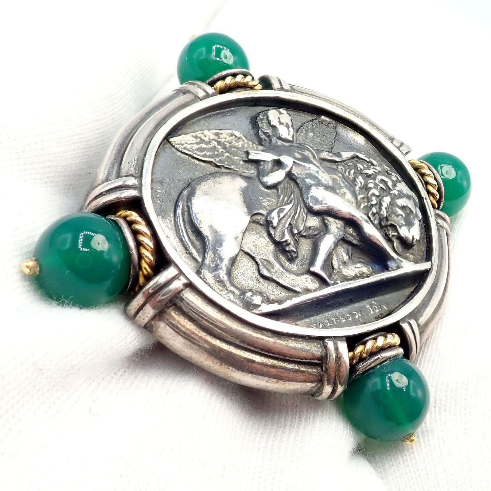 Authentic 18k Yellow Gold & Silver Large Medallion Chrysoprase Brooch - SeidenGang Vintage Jewelry for Women, Perfect for Weddings, Parties & Special Occasions