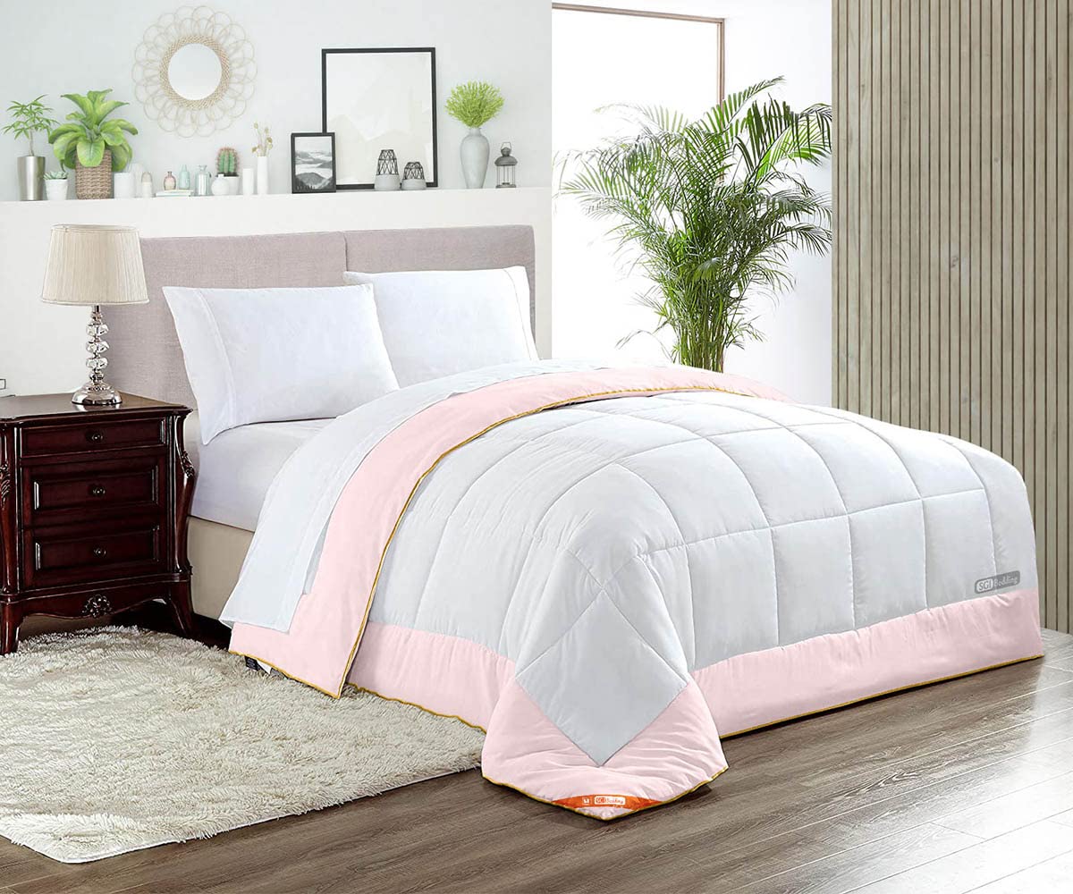Premium 300 GSM Plush Siliconized Microfiber Comforter Set - White & Pink Two-Tone Duvet Insert with 600 TC Egyptian Cotton Shell & Matching Pillowcases - Ultra Soft Bedding for Cozy Nights & Luxury Hotel-Style Comfort