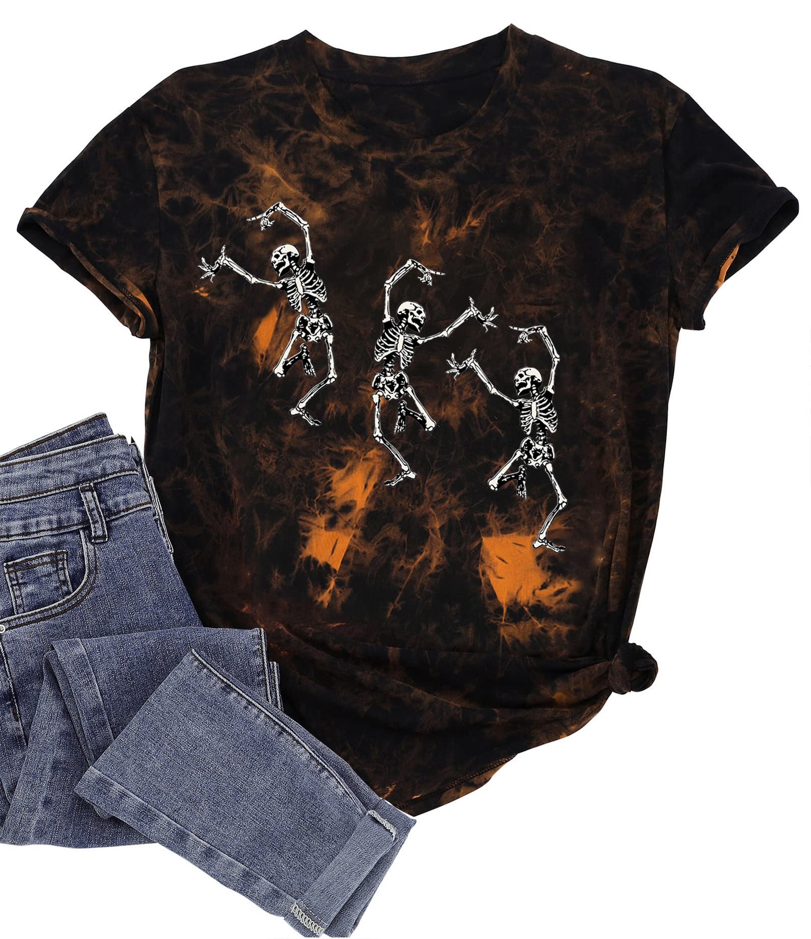 Women's Happy Halloween Dancing Skeleton T-Shirt - Fall Skull Graphic Tee Top Blouse Gift for Costume Parties & Spooky Season