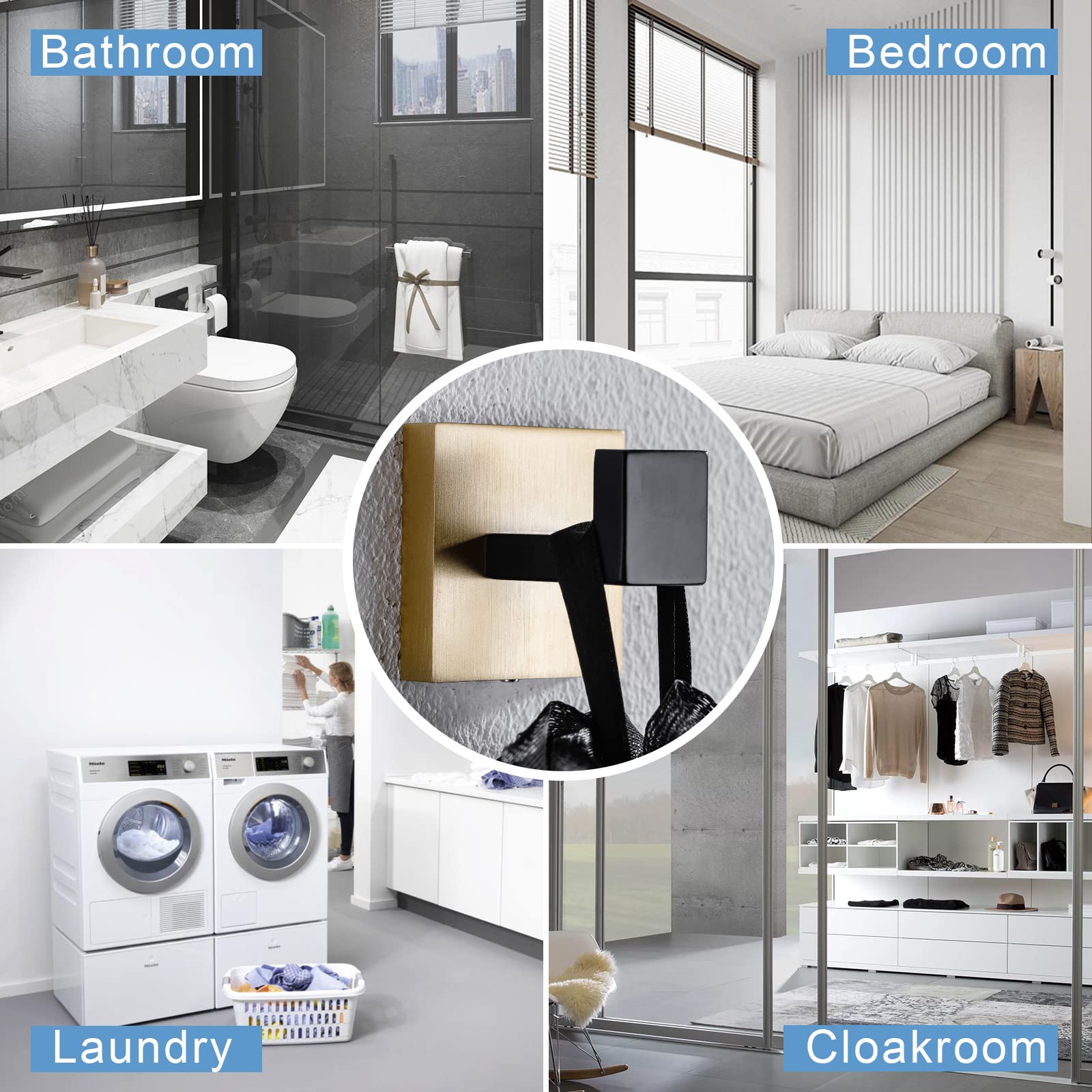Stainless Steel Black & Gold Wall Mounted Coat Hooks - 2 Pack Square Towel/Robe Hangers for Bathroom, Kitchen, Garage - Durable Home & Office Organization Solution