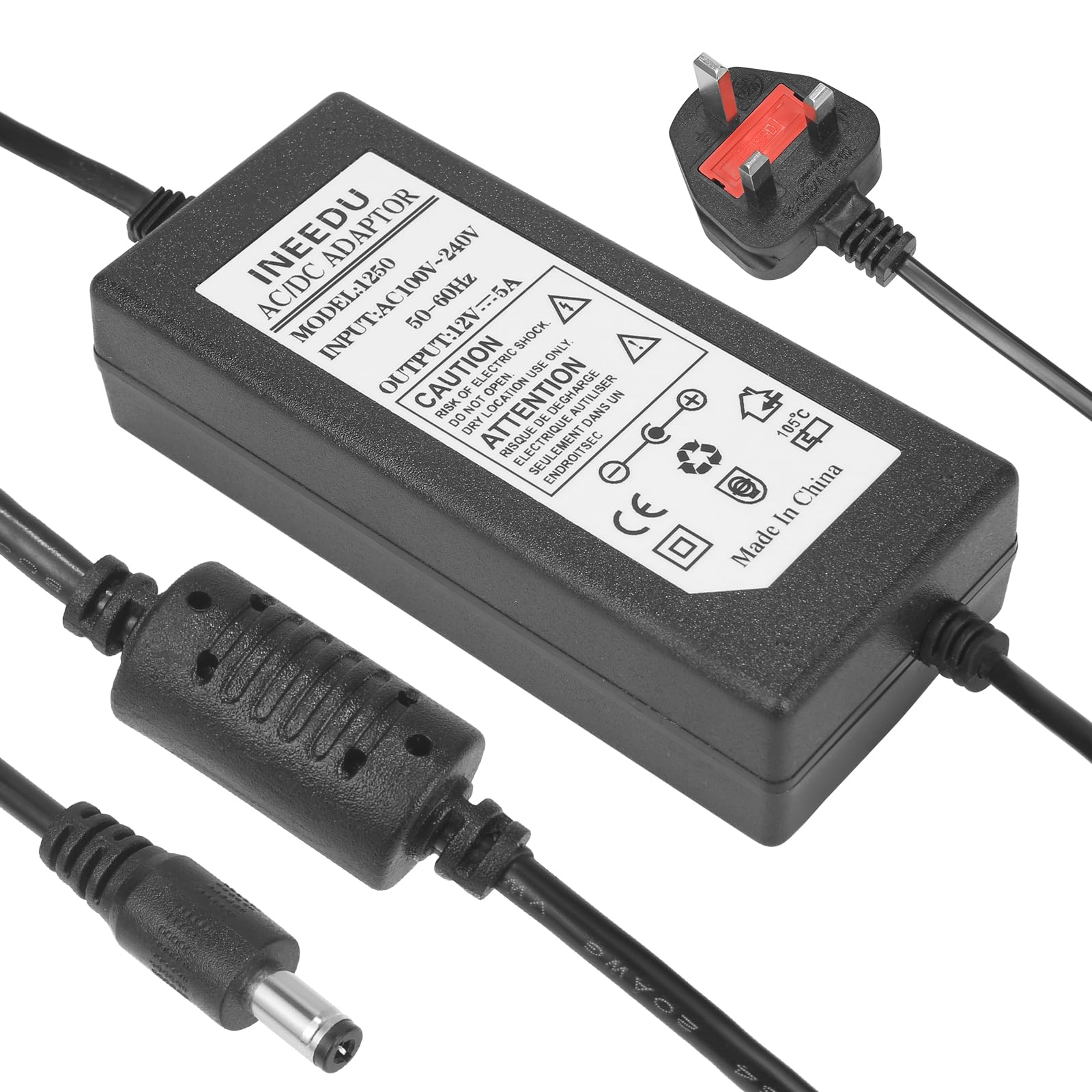 60W 12V 5A AC to DC Power Supply Adapter Converter with 5.5mm x 2.1mm Jack - Universal Wall Plug for LED Strip Lights, CCTV Cameras, Routers, ADSL Modems - Perfect for Home Security & DIY Lighting Projects