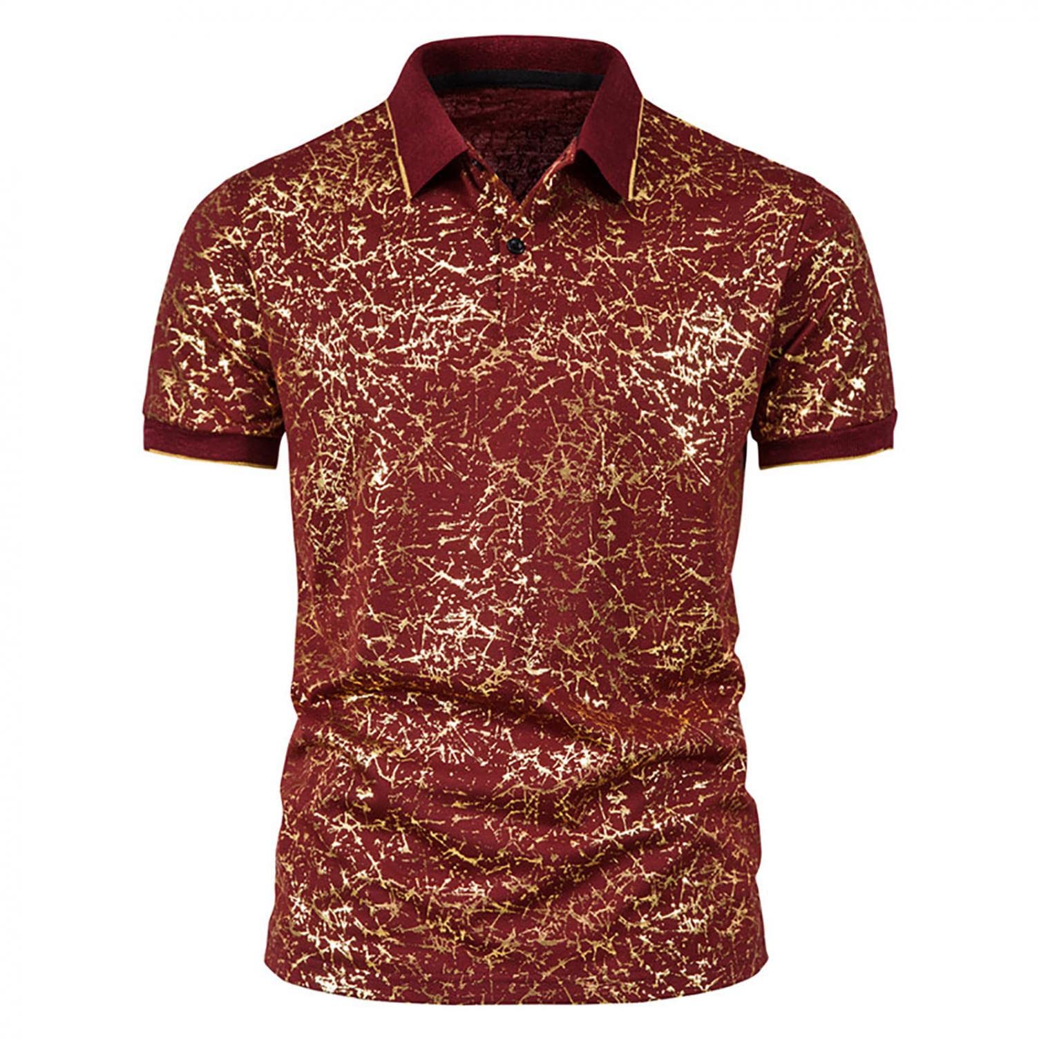 Men's Retro Polo Shirts - Lapel Button Down Short Sleeve T-Shirt with Gold Print, Casual Vintage Style Tees for Everyday Wear and Summer Outings