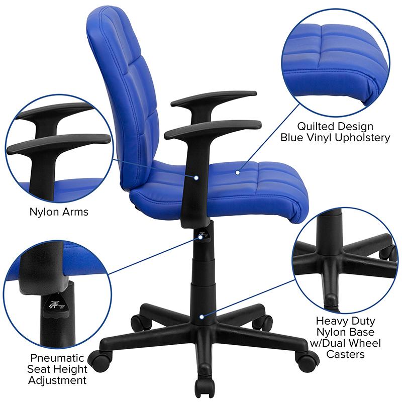 FLASH Clayton Mid Back Black Quilted Vinyl Swivel Task Office Chair with Arms - Ergonomic Desk Chair for Home Office, Computer Workstation & Conference Room