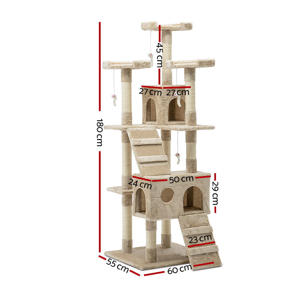 Premium 180cm Cat Tree with Scratching Posts, Condo & Perches - Durable Wooden Cat Tower for Large Cats - Beige Cat Furniture for Indoor Play & Climbing