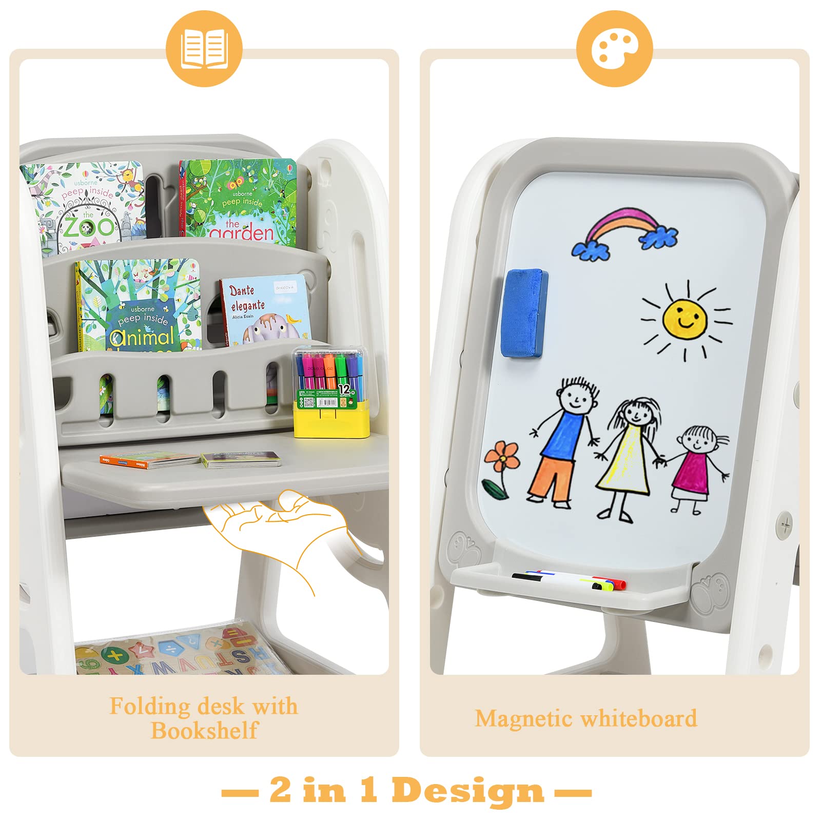 LDAILY 4-in-1 Kids Art Easel Set with Adjustable Magnetic Dry Erase Board, Chair, Markers & Letter Magnets - Double-Sided Standing Drawing Board for Toddlers & Preschoolers - Perfect for Home, Classroom & Creative Play (Grey)