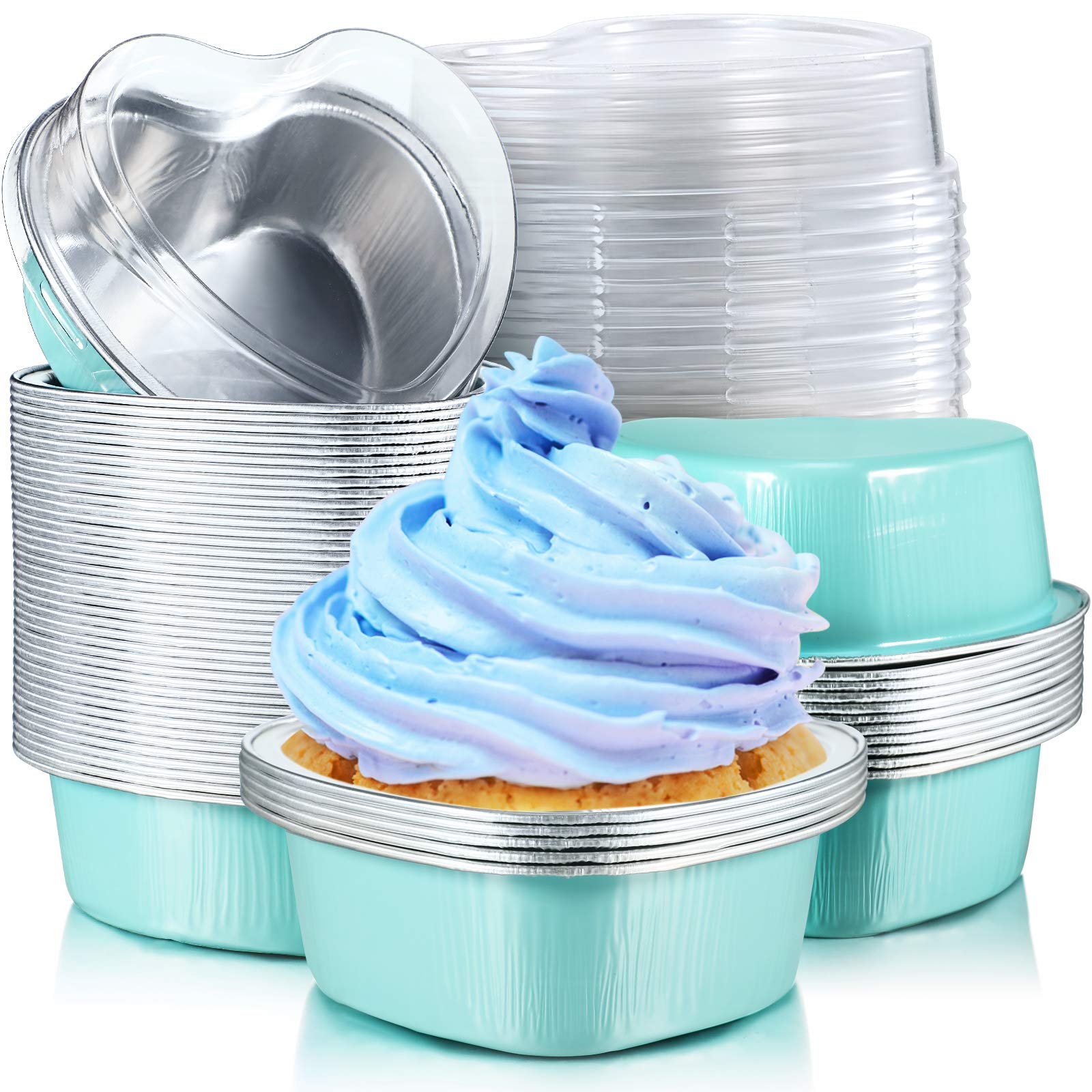 Heart Shaped Aluminum Foil Baking Cups 100ml (3.4oz) - Disposable Mini Cake Pans with Lids for Cupcakes, Flan & Desserts - Perfect for Valentine's Day, Mother's Day, Weddings, Christmas & Birthdays (Blue, 100 Sets) - Ideal for Home Baking, Party Favors & Holiday Treats