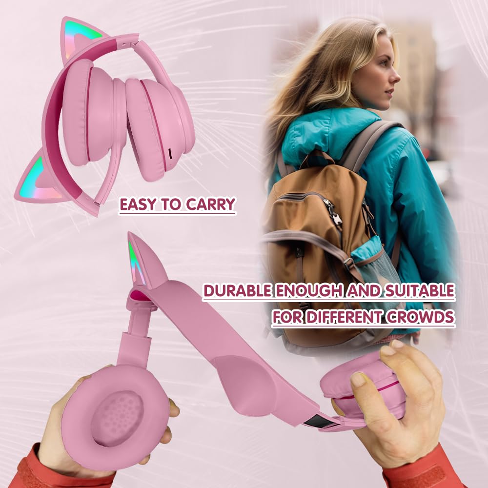 Wireless Bluetooth 5.3 Cat Ear Headphones with LED Lights - 60H Playtime, Foldable Over-Ear Gaming Headset with Mic & 3.5mm Aux - Compatible with PC, TV, Tablet, Laptop, Smartphone - Perfect for Gaming, Music, Work & Travel (Pink)