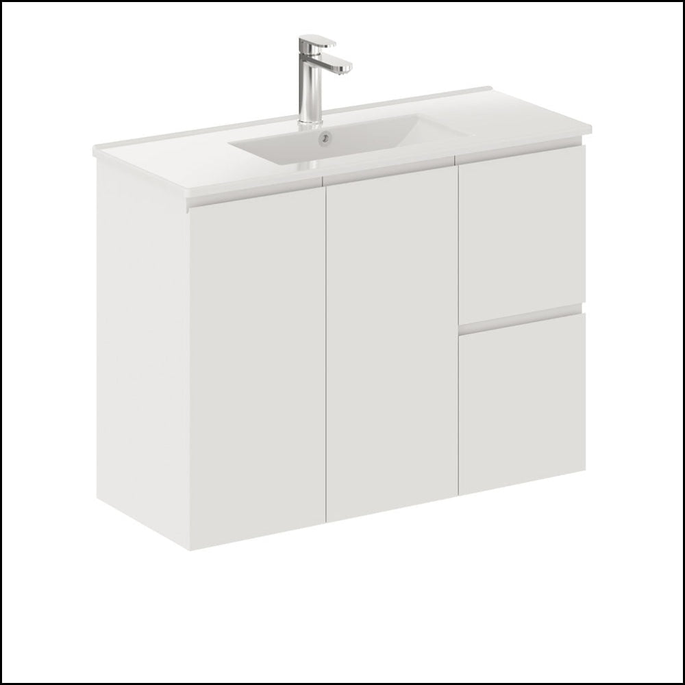 Fienza Siska 90DFR 900mm Slim Wall Mounted Bathroom Vanity with Right Drawers in Satin White - Perfect for Small Bathrooms & Modern Home Decor