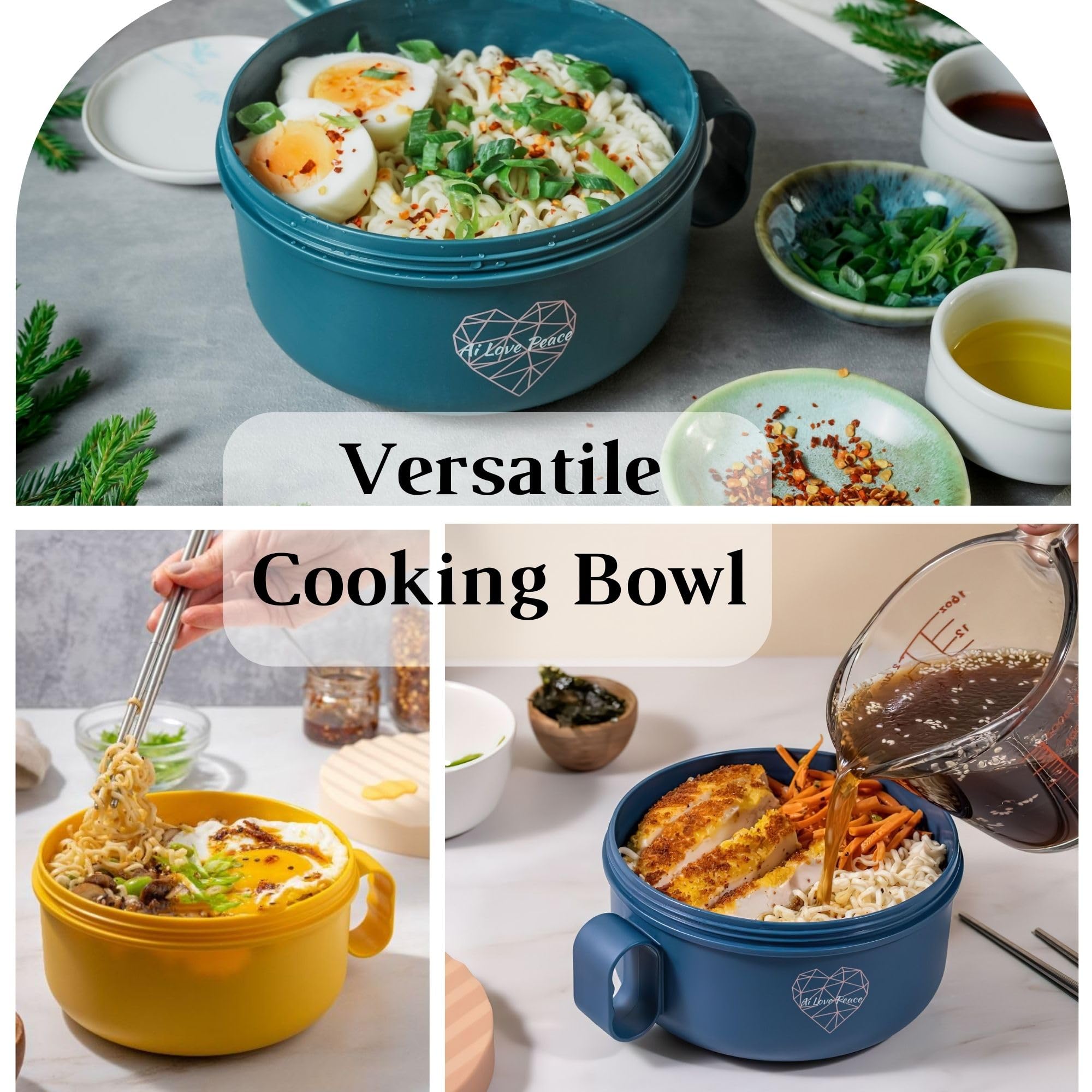 AI LOVE PEACE 40oz Large Microwave Ramen Bowl with Lid - BPA-Free Noodle Cooker for Home, Office & Dorm - Perfect for Instant Ramen, Soup, Pasta & College Gifts (Portable & Microwavable)