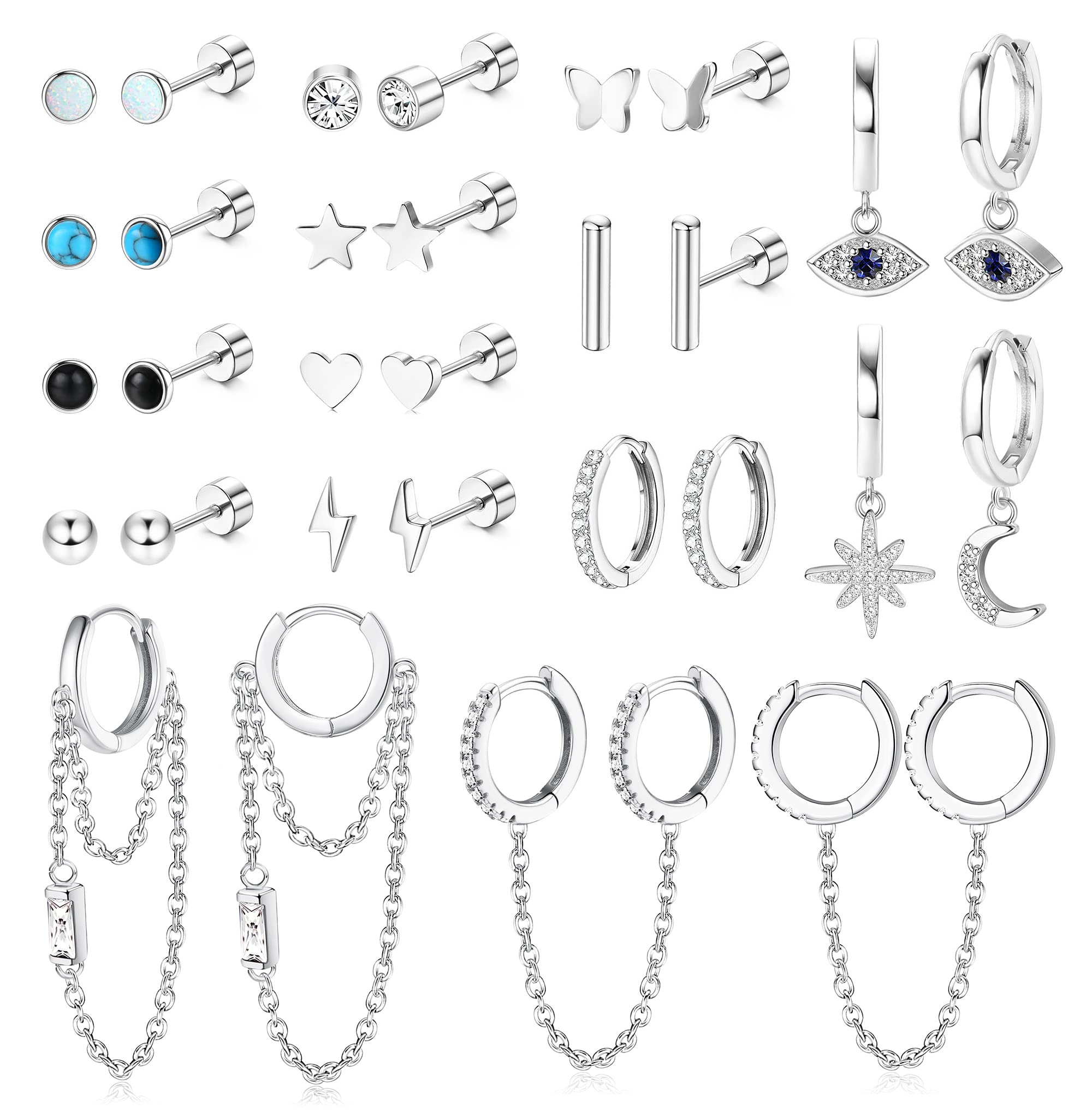JeweBella 15 Pairs Hypoallergenic Surgical Steel Earrings Set for Women & Men - Silver/Gold Flat Back Studs, Hoops, Dangle & Cartilage Earrings with Zirconia - Tragus, Helix, Sleeper Piercing Jewelry for Everyday Wear & Special Occasions