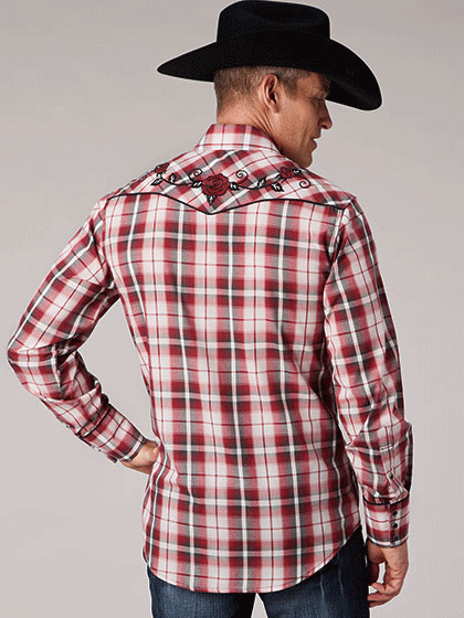 Roper Men's Long Sleeve Snap Plaid Western Shirt - Red Checkered Flannel Shirt for Cowboy, Ranch Work & Casual Wear