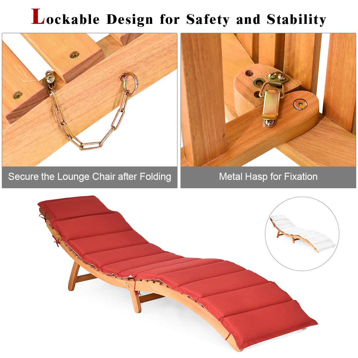 Folding Chaise Lounge Chair with Adjustable Headrest - Outdoor Patio Wooden Bench with Double-Sided Cushion - Perfect for Garden, Lawn, Backyard & Poolside Relaxation