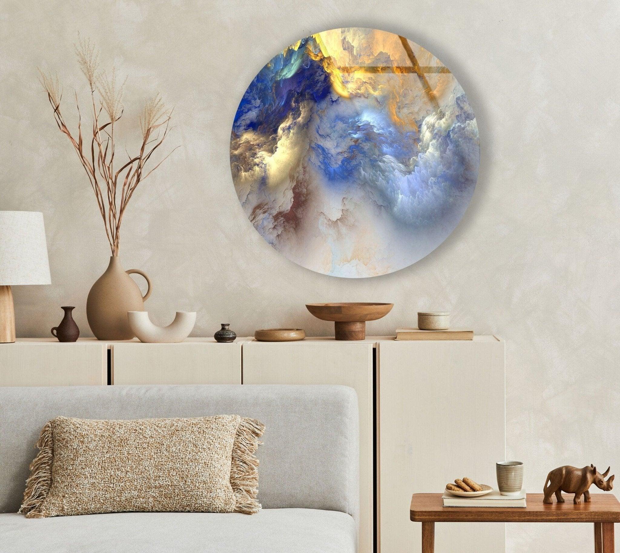 Abstract Clouds Round Glass Wall Art - Modern Home Decor for Living Room, Bedroom & Office - Handmade Glass Wall Hanging for Boho & Contemporary Interiors
