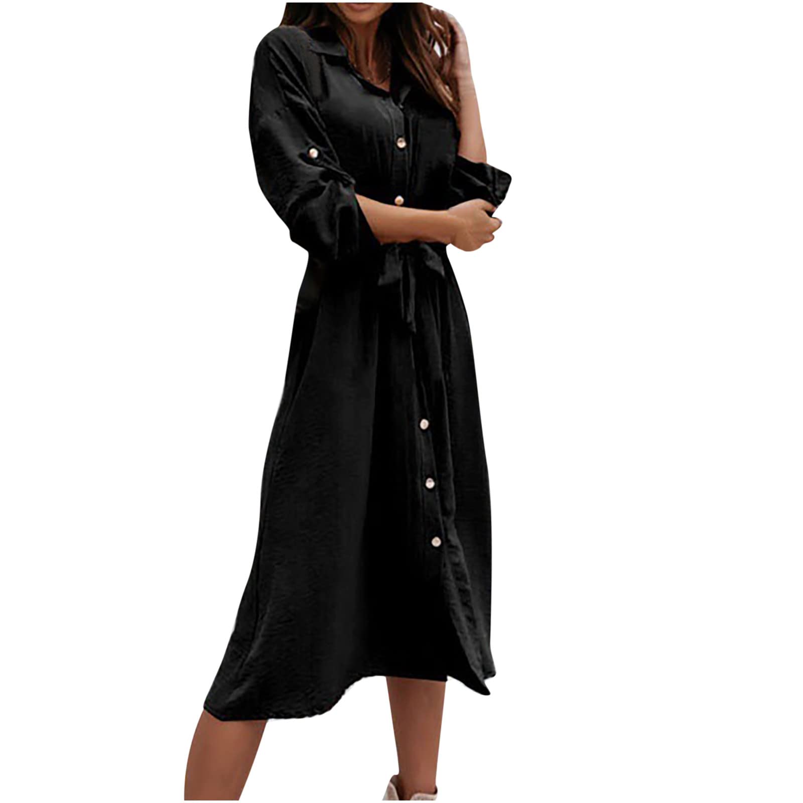 YZHM Women's Linen Button Down Shirt Dress with Roll-Up Sleeves & Tie Waist - Casual Midi Dress for Autumn - Perfect for Office, Brunch & Weekend Outings