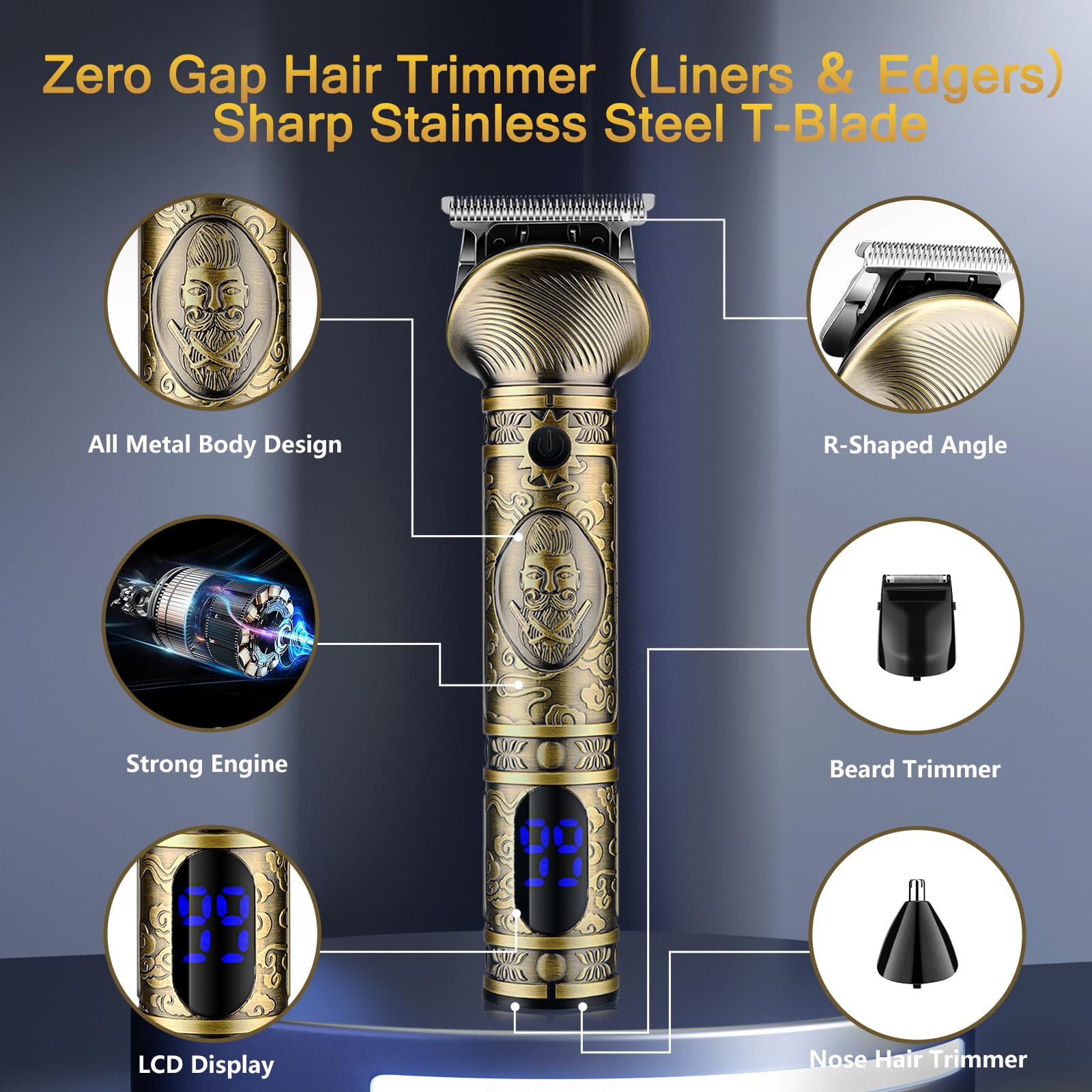 Professional Cordless Hair Clippers for Men - Gold Electric Razor & Beard Trimmer Kit with T-Blade Liners, Zero Gap Foil Shaver & Nose Trimmer | Barber-Grade Hair Cutting Tools for Home & Salon Use