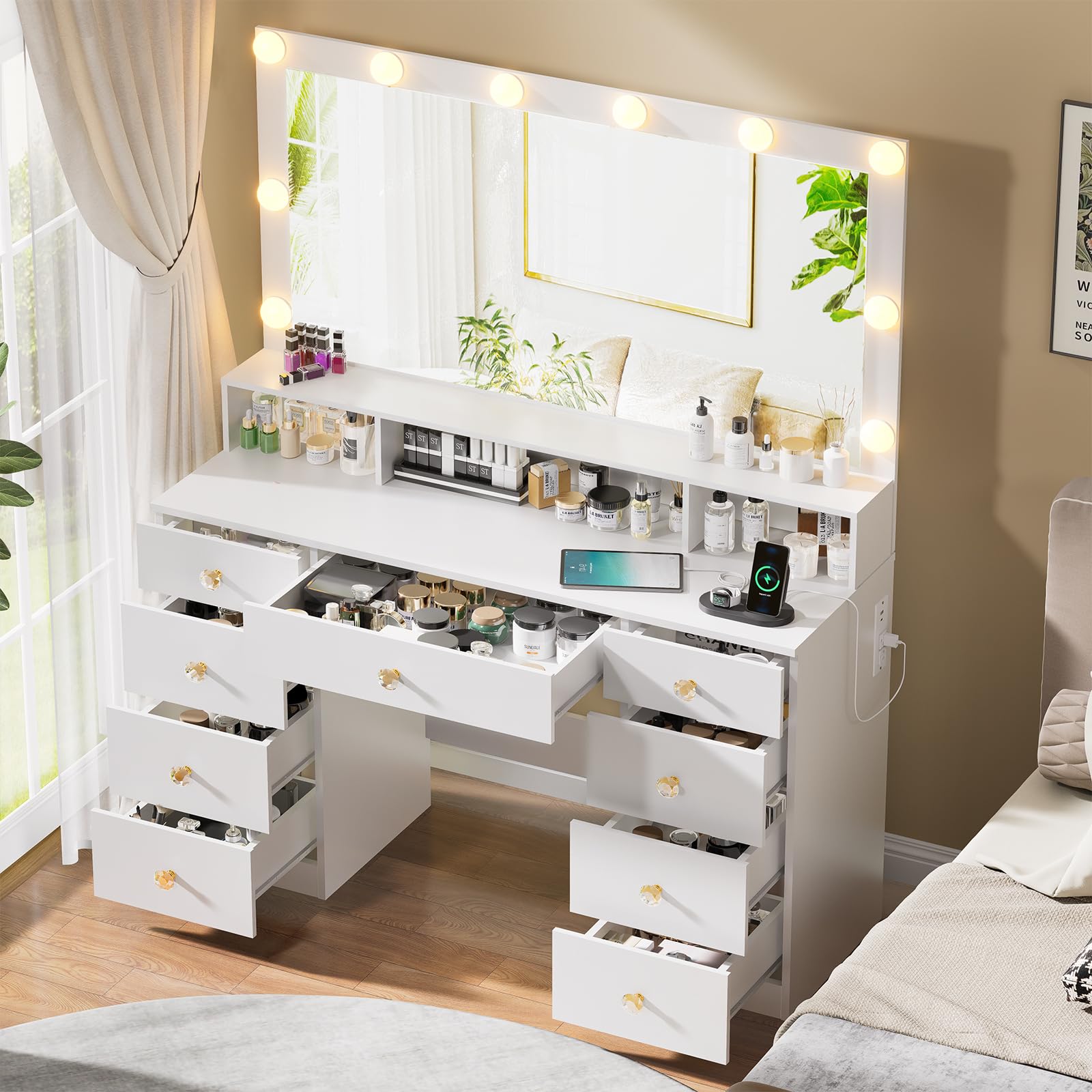 Vanity Desk with Large Mirror & LED Lights - 9-Drawer Makeup Dressing Table with Super Storage, Power Outlet & Crystal Handles - 3 Lighting Modes for Women & Girls (White) | Perfect for Bedroom, Dorm Room & Beauty Salon Makeup Station