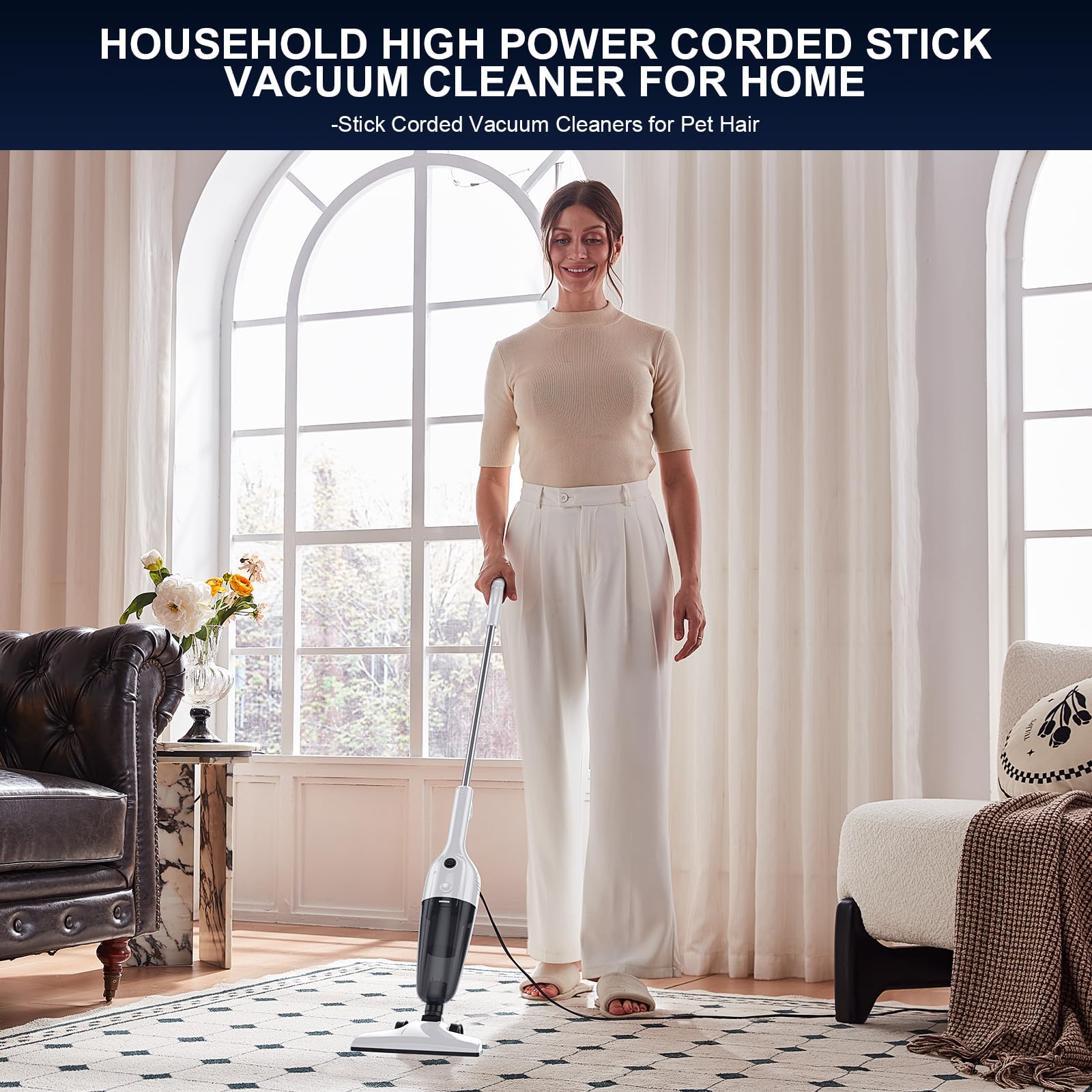 Powerful Corded Stick Vacuum Cleaner for Pet Hair & Hardwood Floors - Home & Car Use