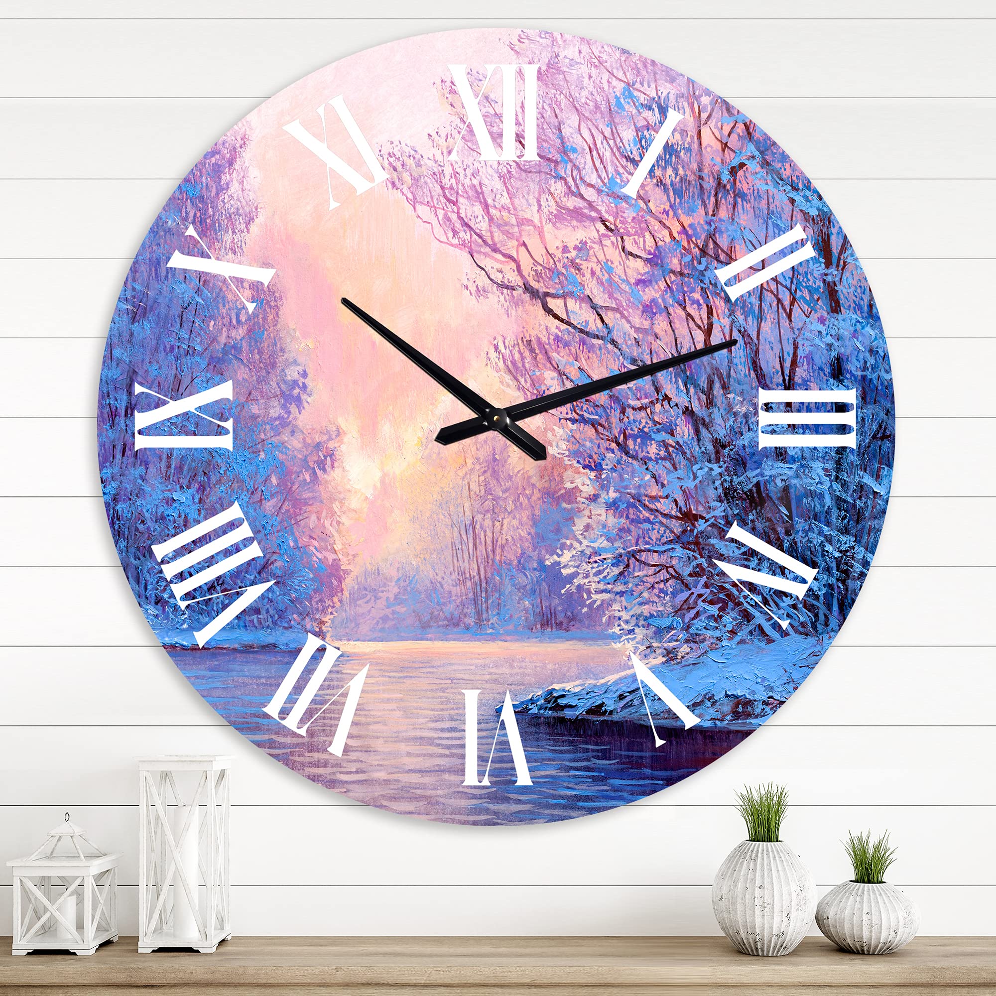 DesignQ Lake House Wall Clock - Winter Landscape with The River Original - Large Nature-Themed Wall Clock for Home, Office & Cabin Decor - Perfect for Living Room, Bedroom & Rustic Interiors