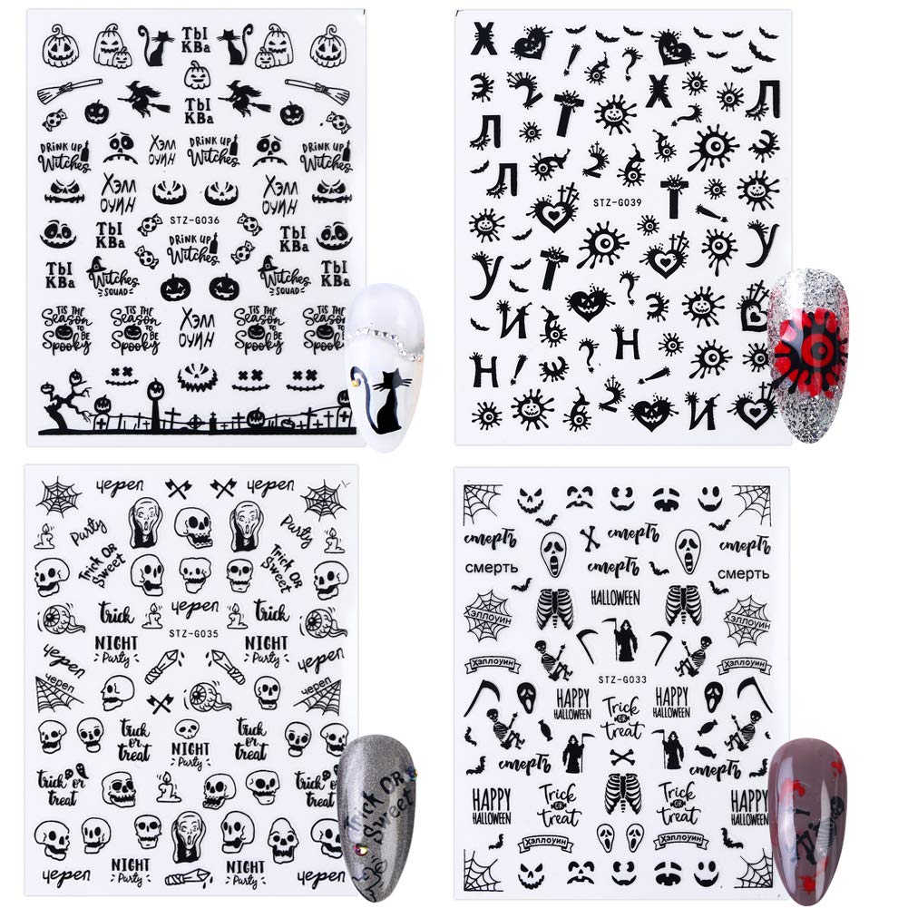 3D Halloween Nail Art Stickers - 9 Sheets Self-Adhesive Nail Decals with Skull, Witch, Pumpkin, Ghost & Cat Designs - Perfect for Halloween Parties, Manicures & Nail Decorations - Great for Costume Parties, Trick or Treat Events & Spooky Nail Art