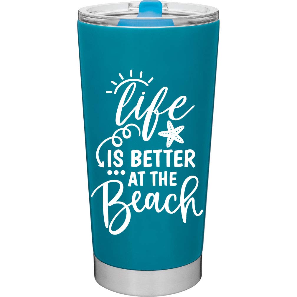 Life is Better at the Beach 20oz Vacuum Insulated Stainless Steel Tumbler with Lid - Beach Themed Travel Mug for Women & Men - Perfect Beach Vacation Accessories & Summer Gifts (Blue) - Ideal for Coffee, Iced Drinks & Outdoor Adventures