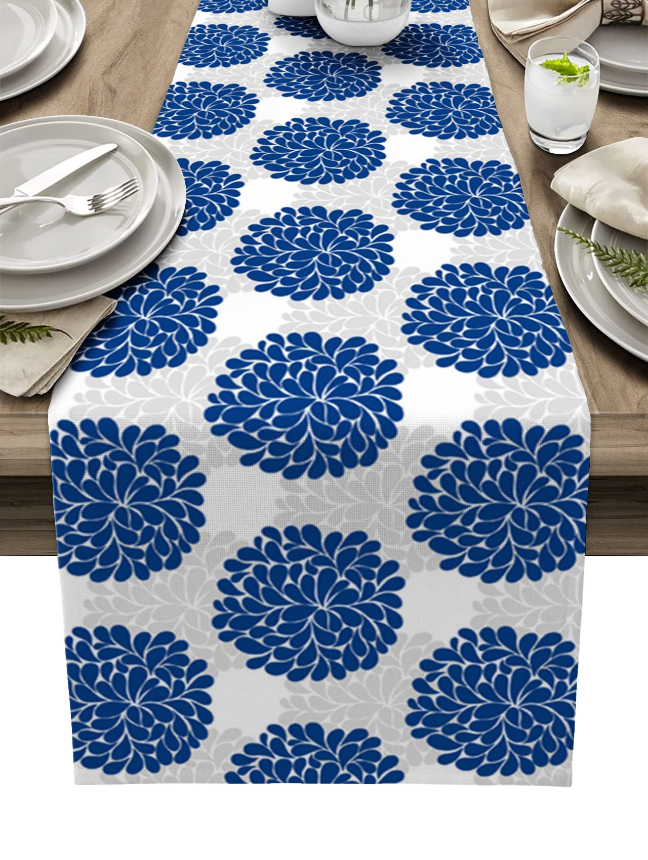 Blue Floral Burlap Table Runner 36 Inch - Farmhouse Linen Table Scarf for Kitchen, Dining, Coffee Table, Wedding & Banquet Decor - Hydrangea Pattern Gray Home Decoration