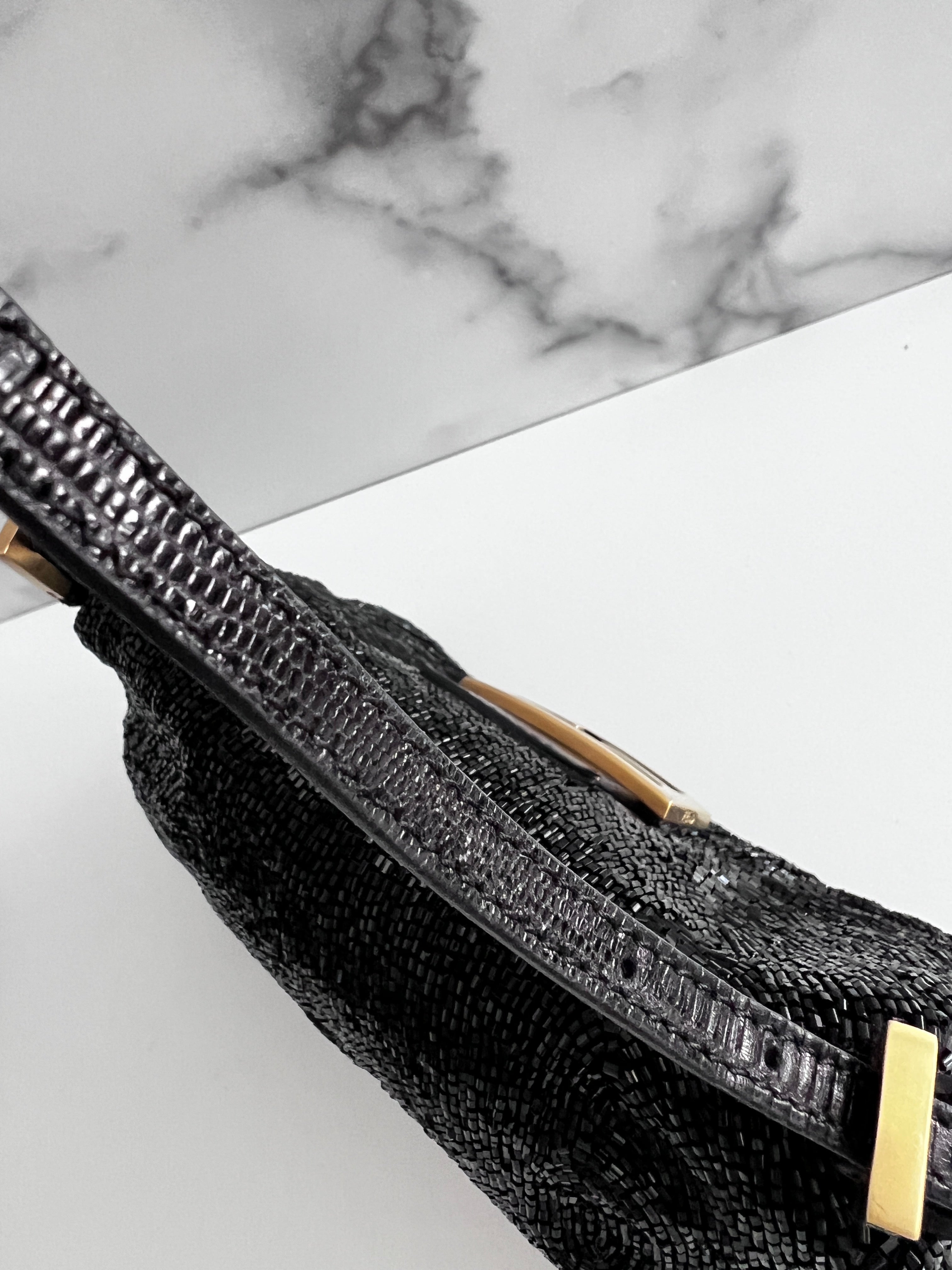 Fendi Black Beaded Mini Mamma Baguette Handbag - Genuine Lizard Skin Trim Luxury Crossbody Purse for Women | Perfect for Evening Parties, Date Nights & Special Occasions