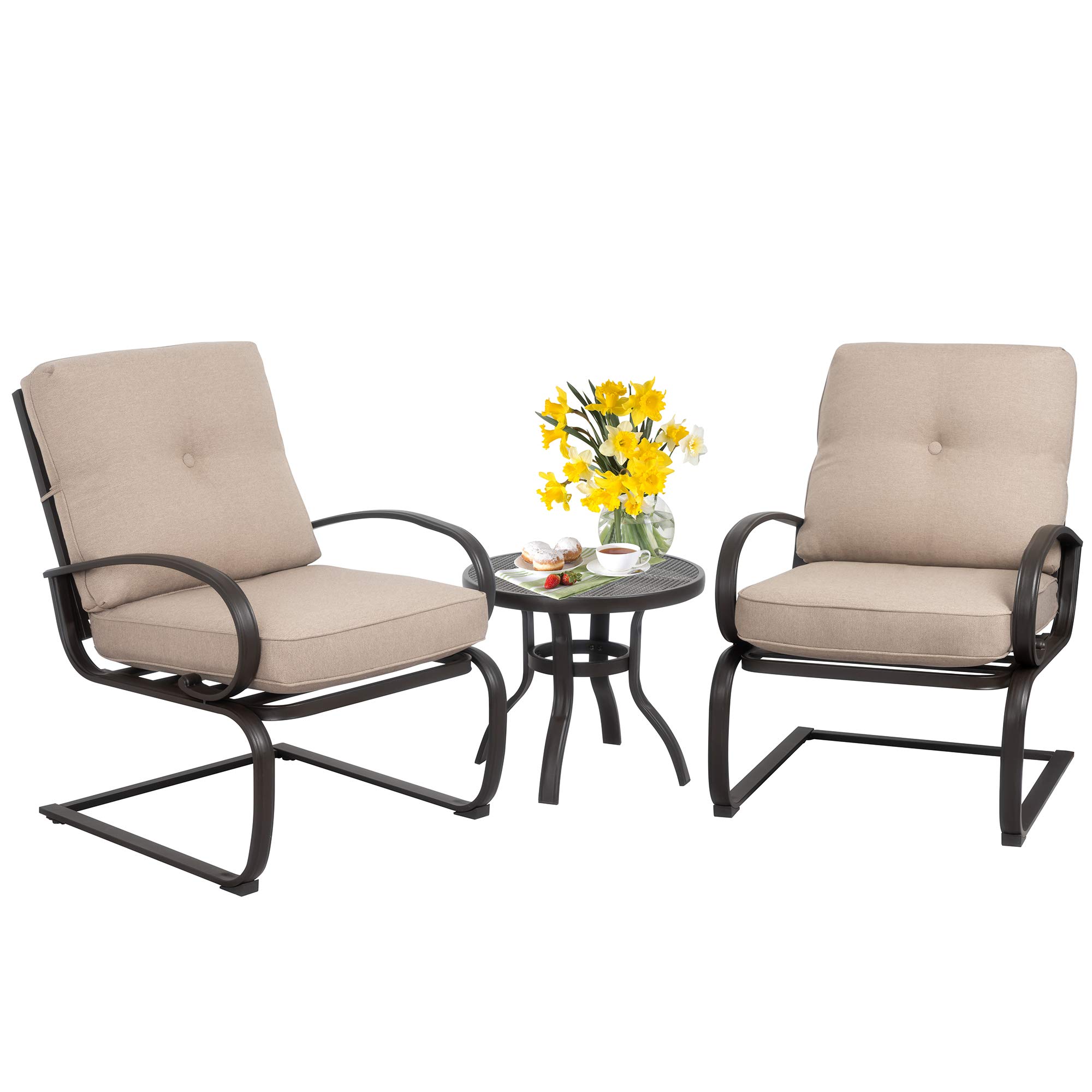 3-Piece Outdoor Patio Bistro Set with Spring Motion Chairs & Round Table - Steel Frame Conversation Furniture with Cushions (Beige) - Perfect for Garden, Balcony, and Indoor Lounge Areas