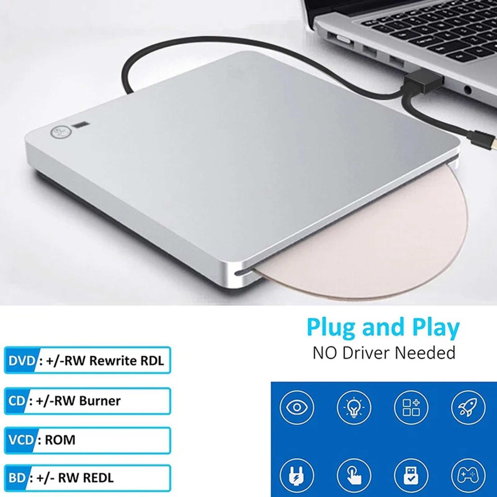 NQYZZFD External Blu Ray DVD Drive Burner - USB 3.0 & Type-C BD/CD/DVD RW Optical Drive for Laptop, Mac, PC, MacBook Pro/Air - Compatible with Windows & macOS | Perfect for Movie Watching, Data Backup & Disc Burning