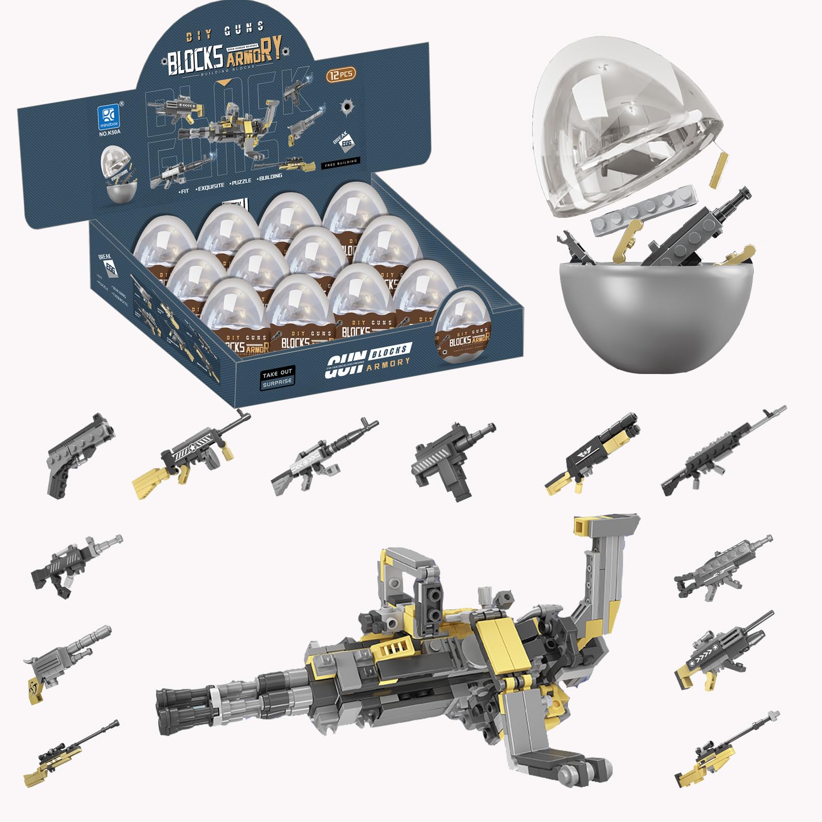 12PCS Pre-Filled Easter Eggs with Gun Block Toys - 12-in-1 Big Gun Model Building Kit for Kids Ages 6+ | STEM Learning Toy, Birthday Gift & Easter Basket Stuffers for Boys and Girls