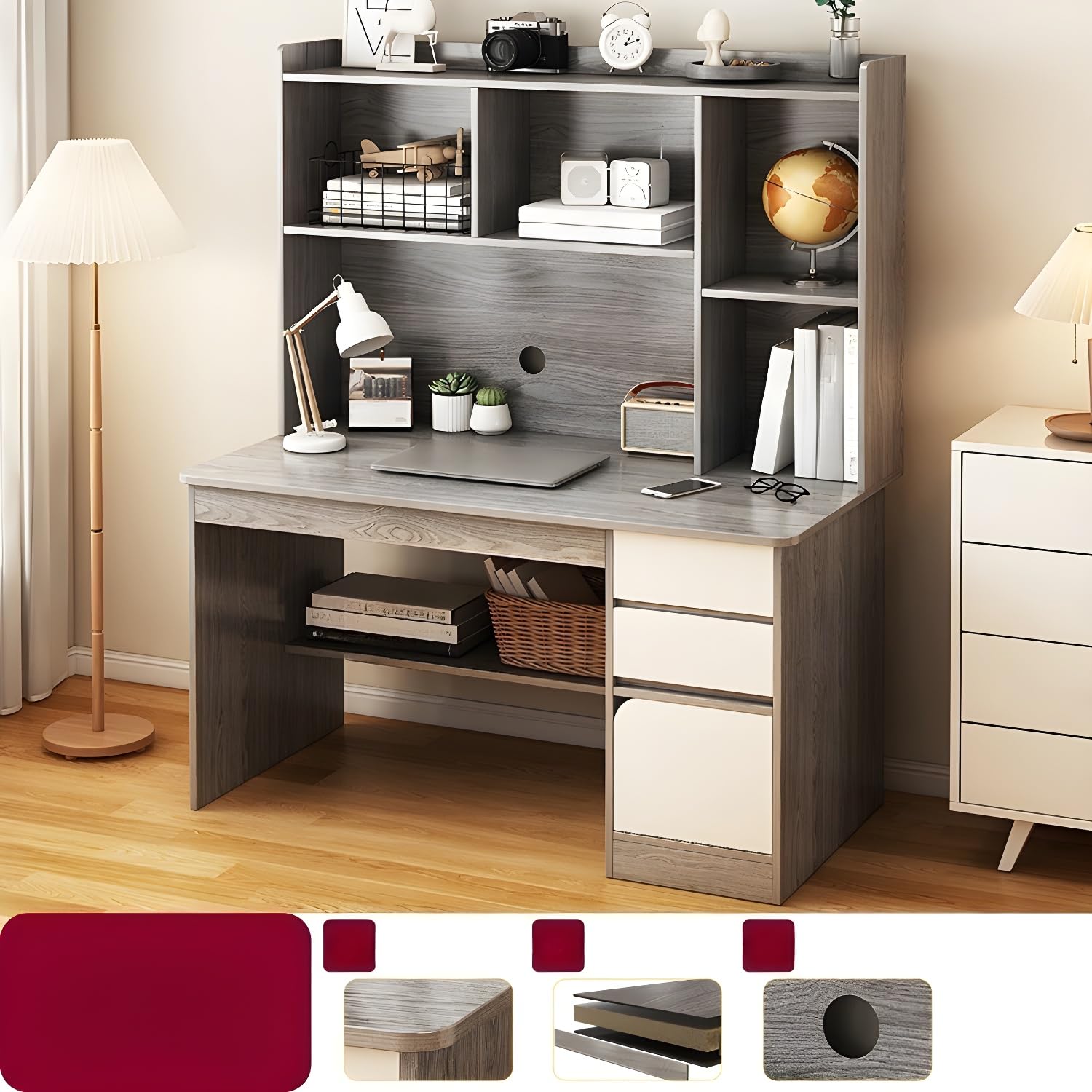 Modern Grey Wooden Credenza Desk with Storage Drawers & Shelves - 39