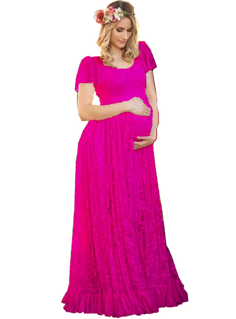 ZIUMUDY Elegant Maternity Lace Flutter Short Sleeve Maxi Dress for Baby Shower, Pregnancy Photoshoot & Special Occasions - Comfortable Nursing Gown for Expecting Mothers