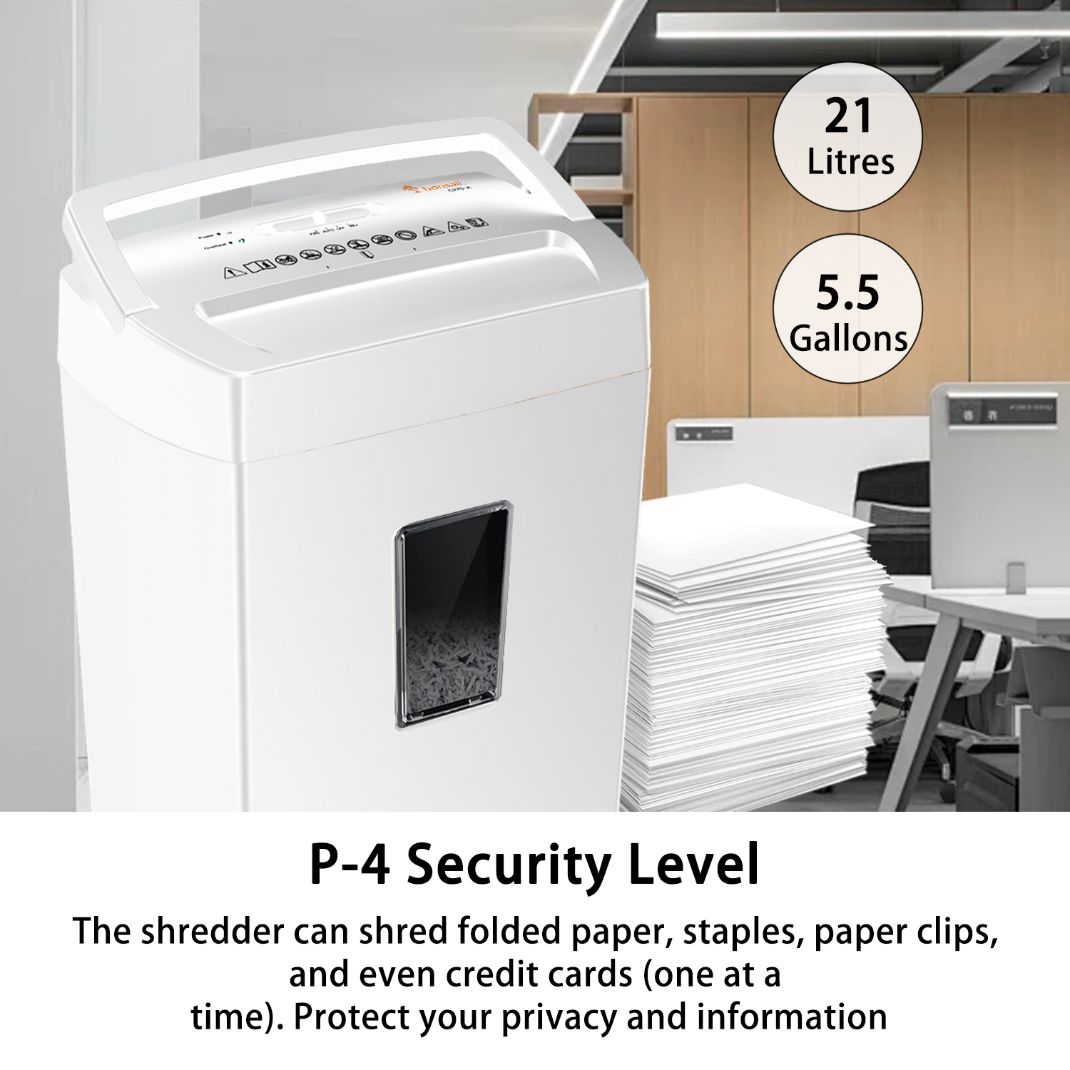 Bonsaii Heavy Duty Cross Cut Paper Shredder - 12 Sheet Capacity, P-4 High Security Level, Shreds Credit Cards, Mail & Staples - 5.5 Gallon Bin with Transparent Window - Ideal for Home Office, Small Business & Document Security (White)